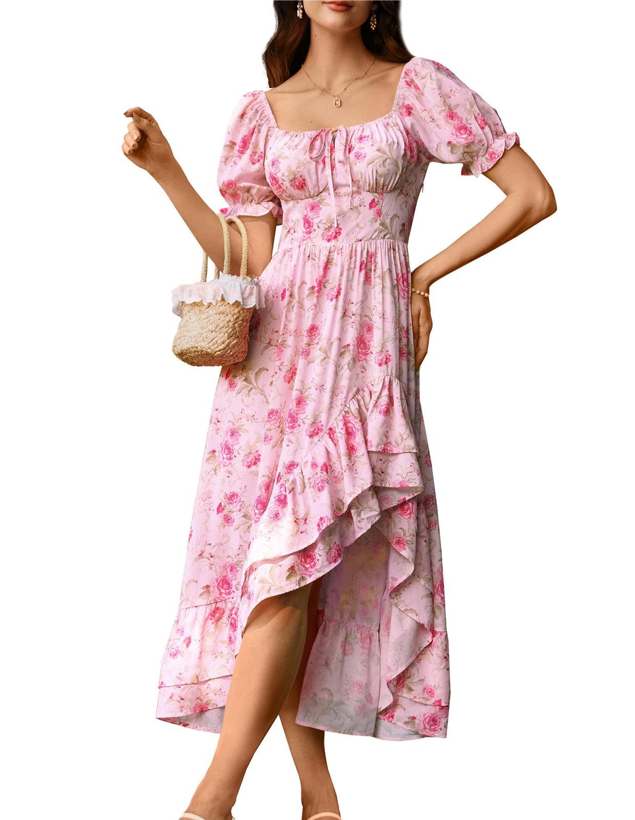 Scarlet Darkness Renaissance Kleid Damen Square Neck Puffärmel Unregelmäßiger Saum Boho Blumenkleid Rosa M