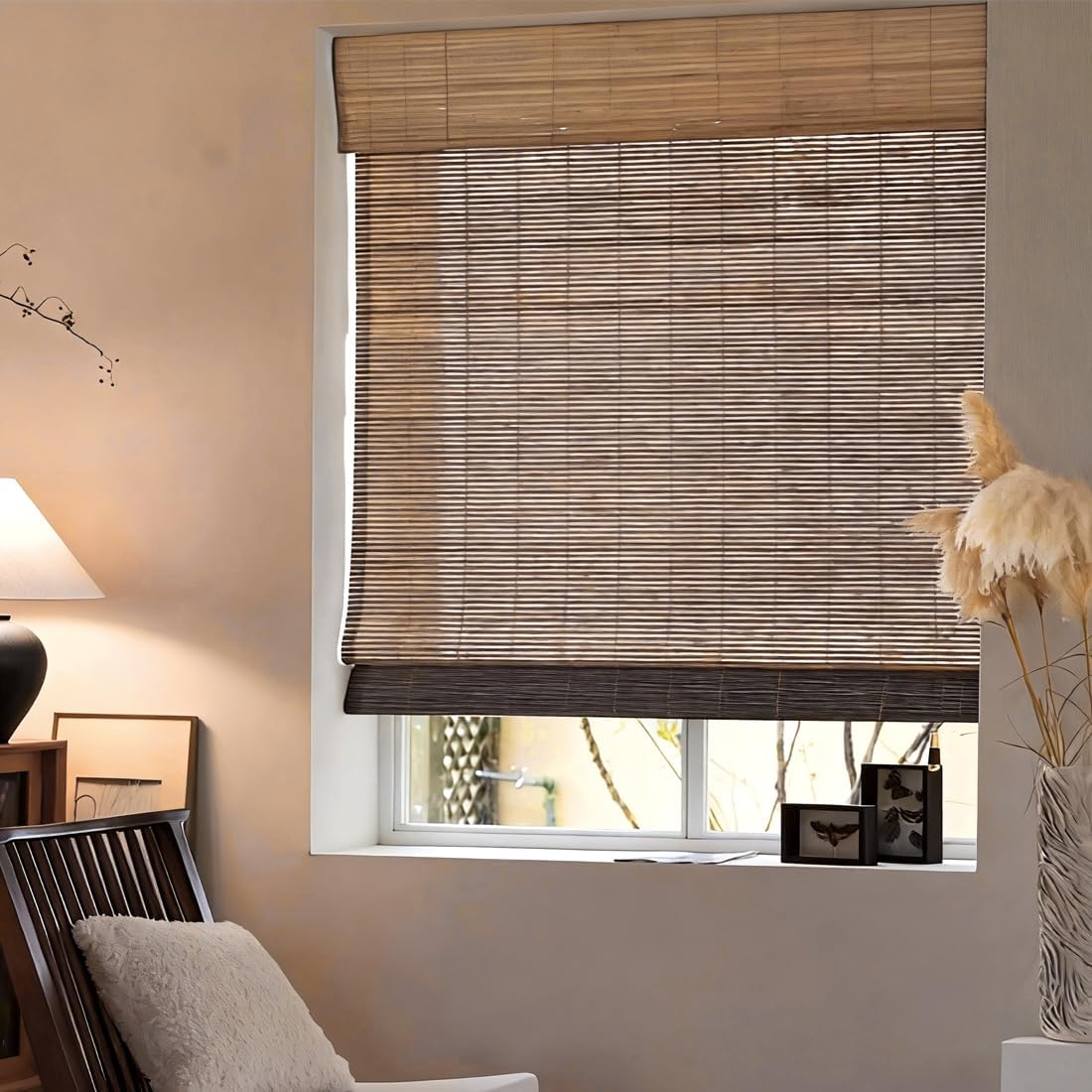Cordless Bamboo Roman Shades, Blackout Light Filtering Bamboo Blinds for Indoor Windows, Natural Woven Shades with Valance for Patio, Doors. Natural, 17" W x 45" H
