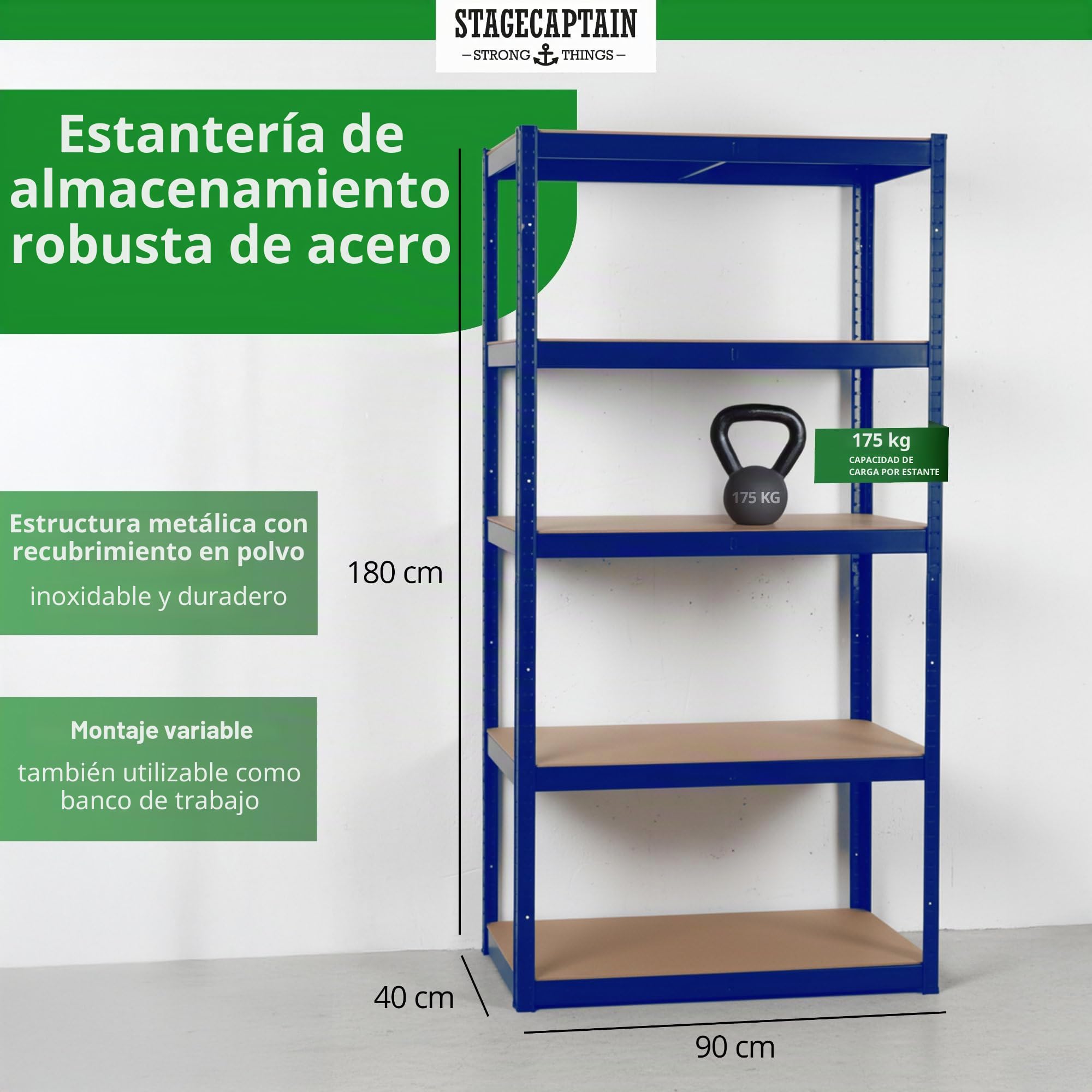 Stagecaptain Heavyrack HR-175 BU Juego de 2 estanterías metálicas - Estanteria Almacenaje de Cargas Pesadas de 875 kg MAX. - Estante Almacenamiento - 5 Baldas Multiusos - Azul