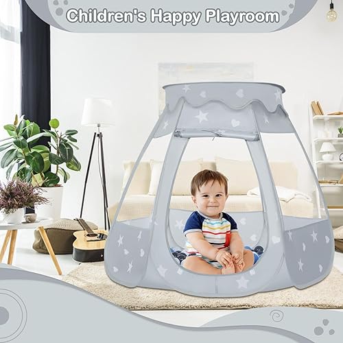 Miniatura 18 de Alberca de pelotas para niños pequeños con 150 pelotas, tienda de campaña desplegable, casa de juegos para interior y exterior con bolsa