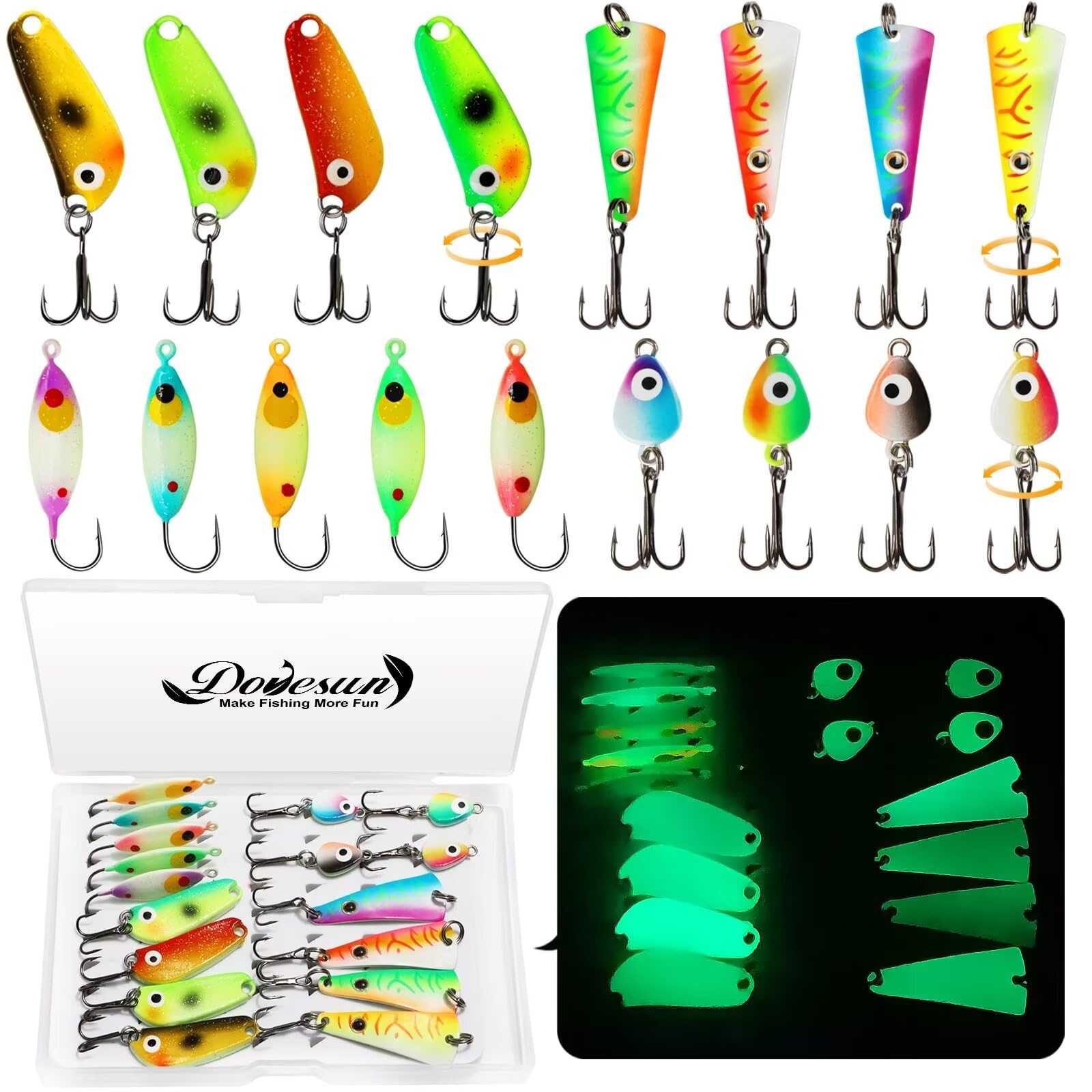 Dovesun Ice Fishing Jigs Ice Fishing Lures Jig Heads Walleye Fishing Lures Crappie Jigs Glow in Dark-Ice Fishing Jigs with Storage Box 38pcs/28pcs/25pcs/17pcs