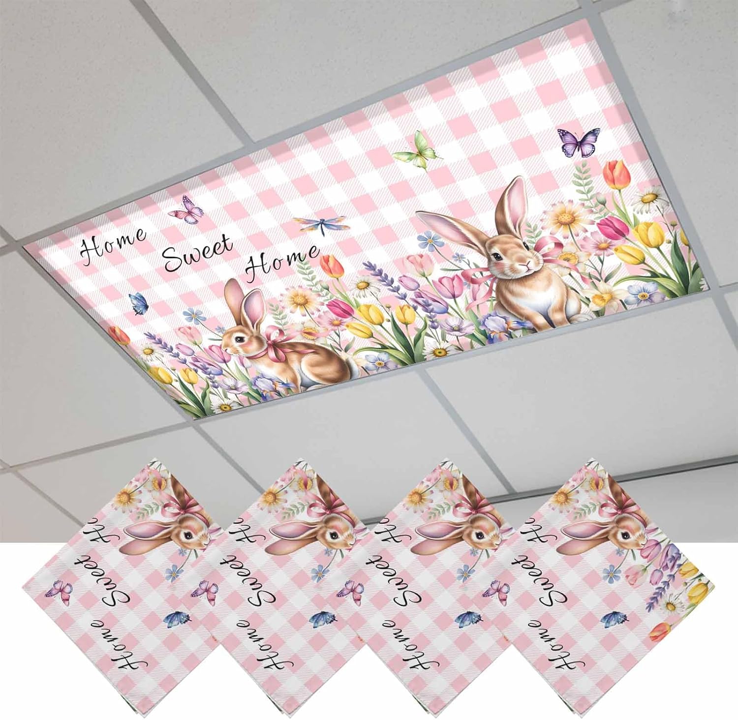 2x4 ft Fluorescent Light Cover for Ceiling Spring Easter Rabbit Flowers Magnetic Light Filters, Butterfly on Pink Plaid Ceiling Lampshades for Home School Office 4Pcs