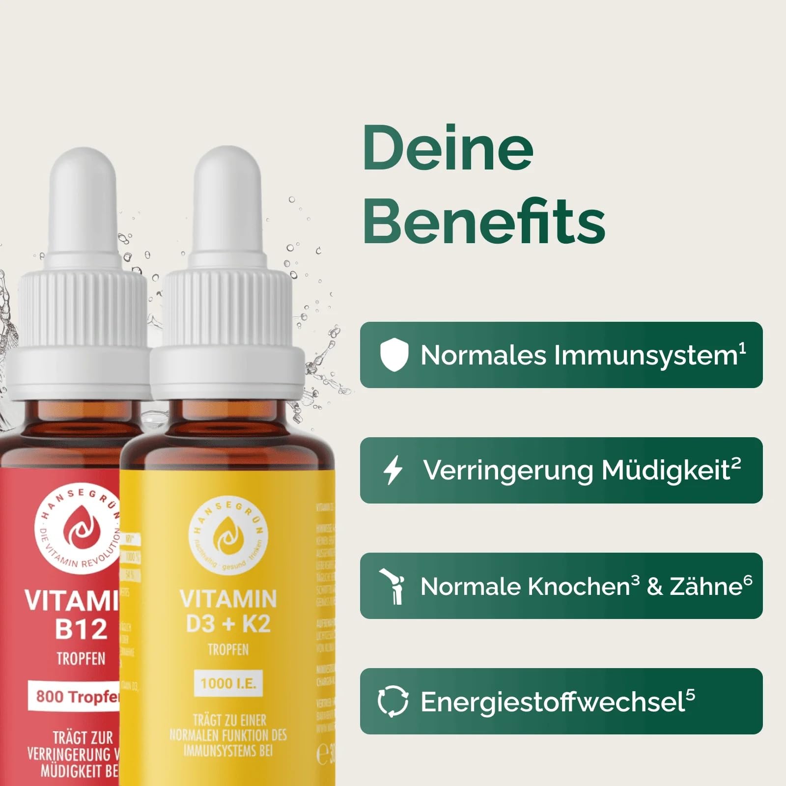 Hansegrün - Kennlernset Vitamintropfen D3 + K2 (30ml) & B12 (30ml) - Normales Immunsystem¹ - Verringerung Müdigkeit² - Normale Knochen³ & Zähne⁶ - Energiestoffwechsel⁵ - Vegan & ohne Zusatzstoffe