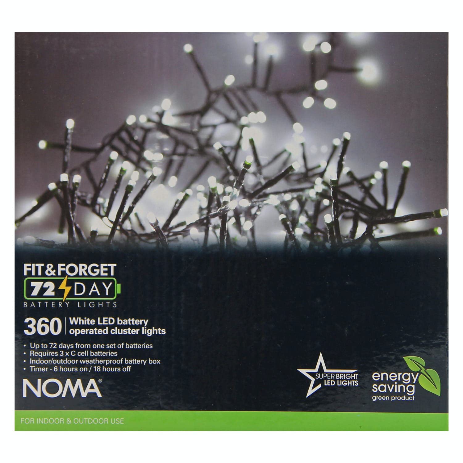 Noma Cluster Light : Battery Fit & Forget : Green Cable : Multifunction : 360 White LEDs : 5.2m : 6816010GW