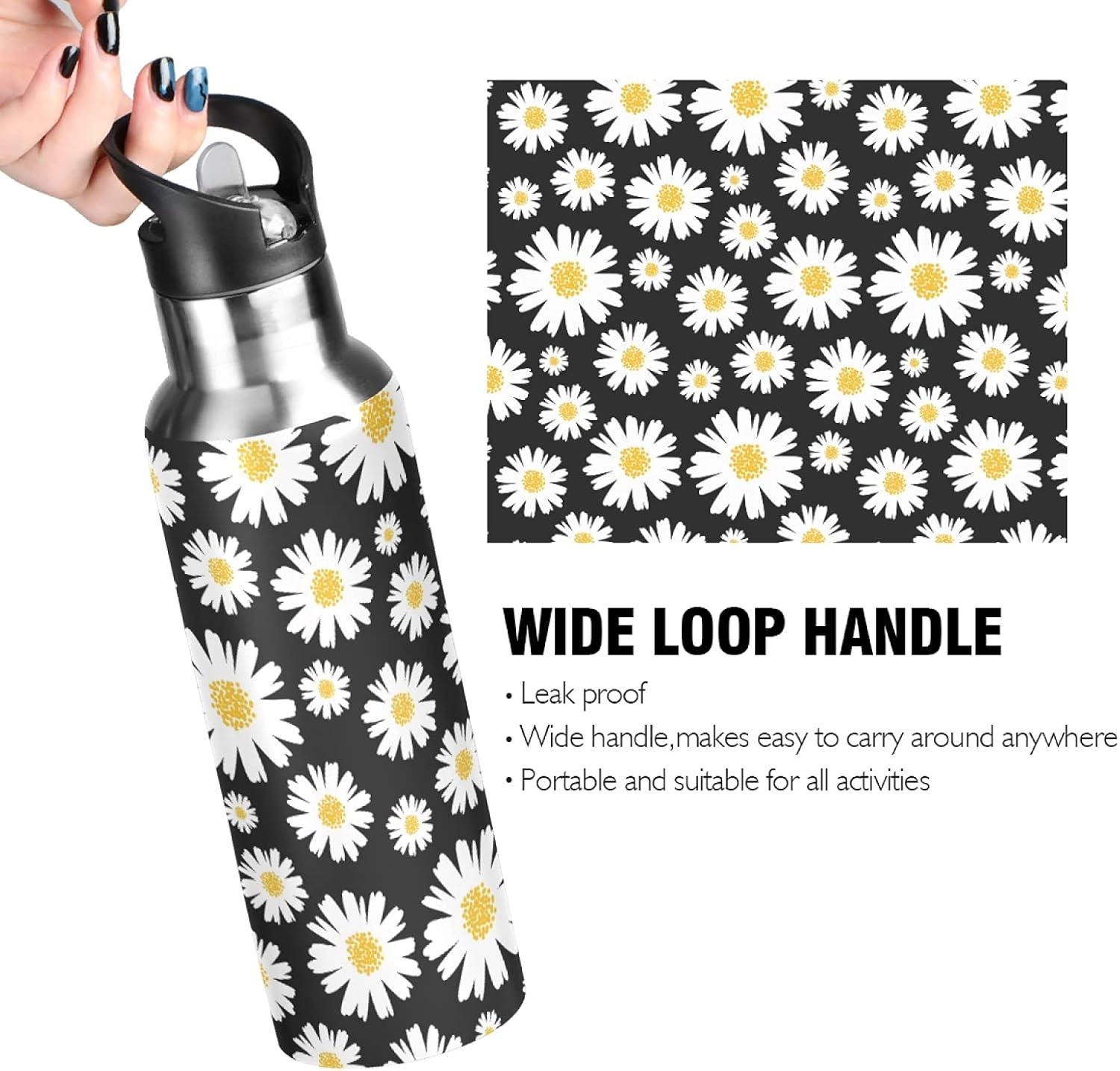 xigua Daisy Water Bottle with Straw Lid 22 oz - Vacuum Insulated Stainless Steel Water Bottles Leakproof Water Flask for Fitness Sports Outdoor