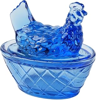Glass Hen on Nest - Mini Chicken Collectible Figurines for Easter Decor, Handmade Vintage Style Home Decorations, Christmas Tree Ornaments & Easter Basket Stuffers (Blue)