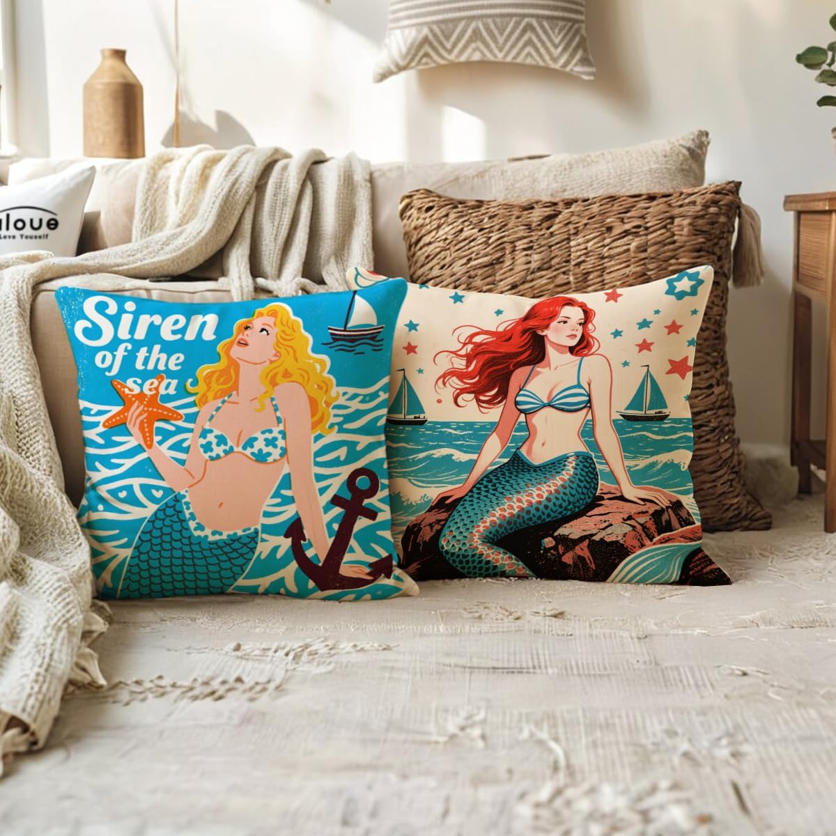 ULOVE LOVE YOURSELF Ocean Theme Throw Pillow Case Mediterranean Style Cotton Linen Mermaid Square Cushion Covers 18 X 18 Inch Nautical Pillow Covers,4 Pack Coastal Pillow Covers image 4