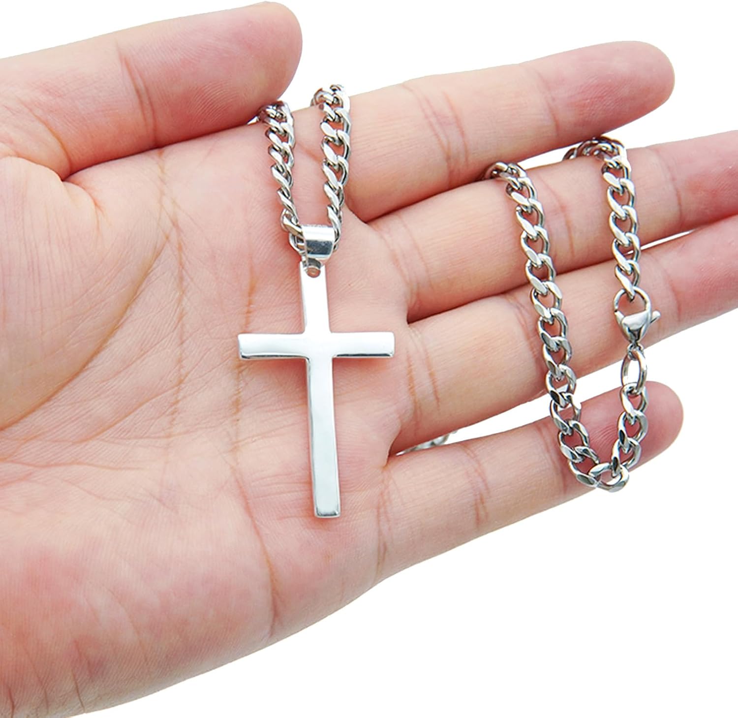 925 Sterling Silver Cross Necklace for Men Women, 5mm Stainless Steel Diamond-Cut Cuban Link Curb Chain