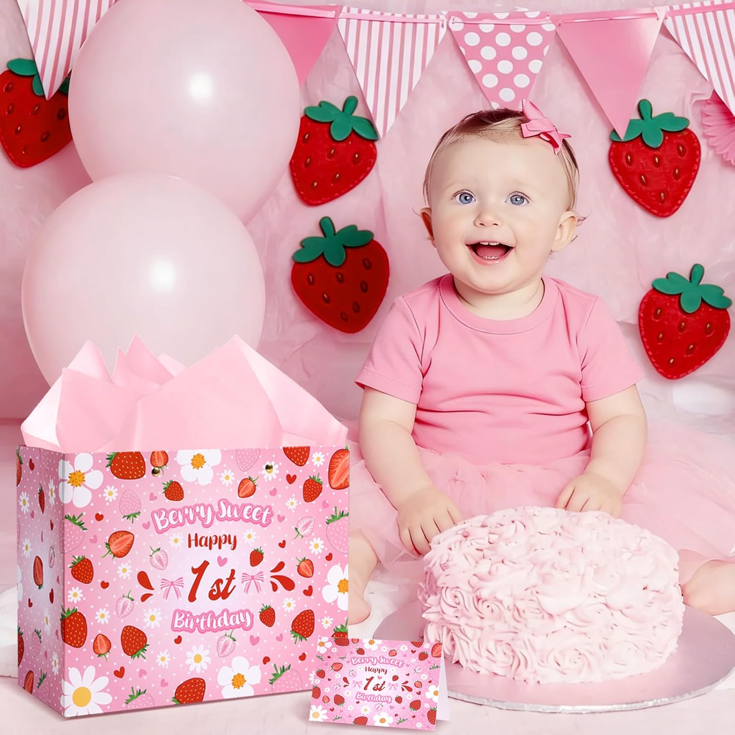 Lednica Strawberry 1st Birthday Gift Bag for Baby Girls, Sweet One Flower Bags Pink Berry First Favor Bag with Tissue Paper, Envelop and Greeting Card, Cute Bow Party Decor Supplies, 11.8"x9.5"x5.3" - Image 6