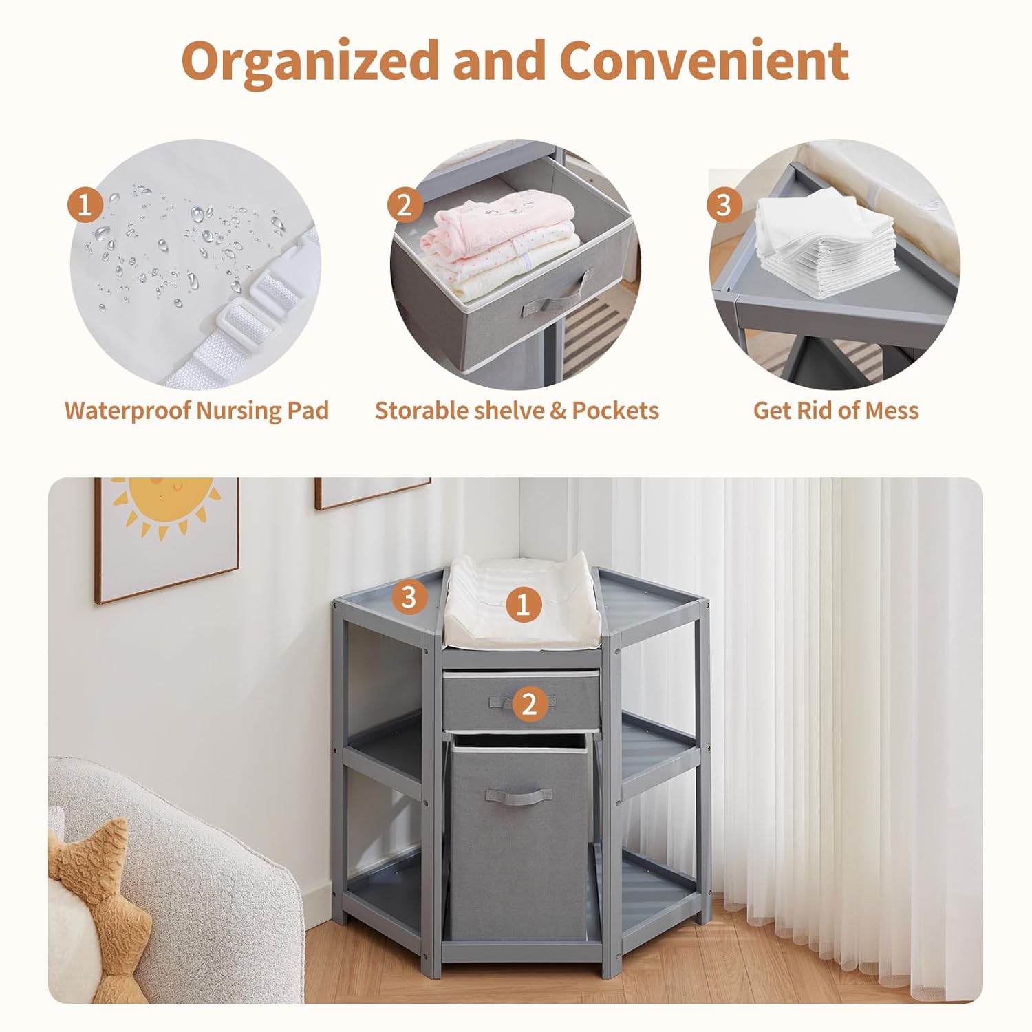 GarveeLife Corner Diaper Changing Table, Baby Diaper Changing Station with Storage Drawer and Laundry Hamper, Multi-Functional Changing Table Organizer with Pad for Newborn Infant, Gray
