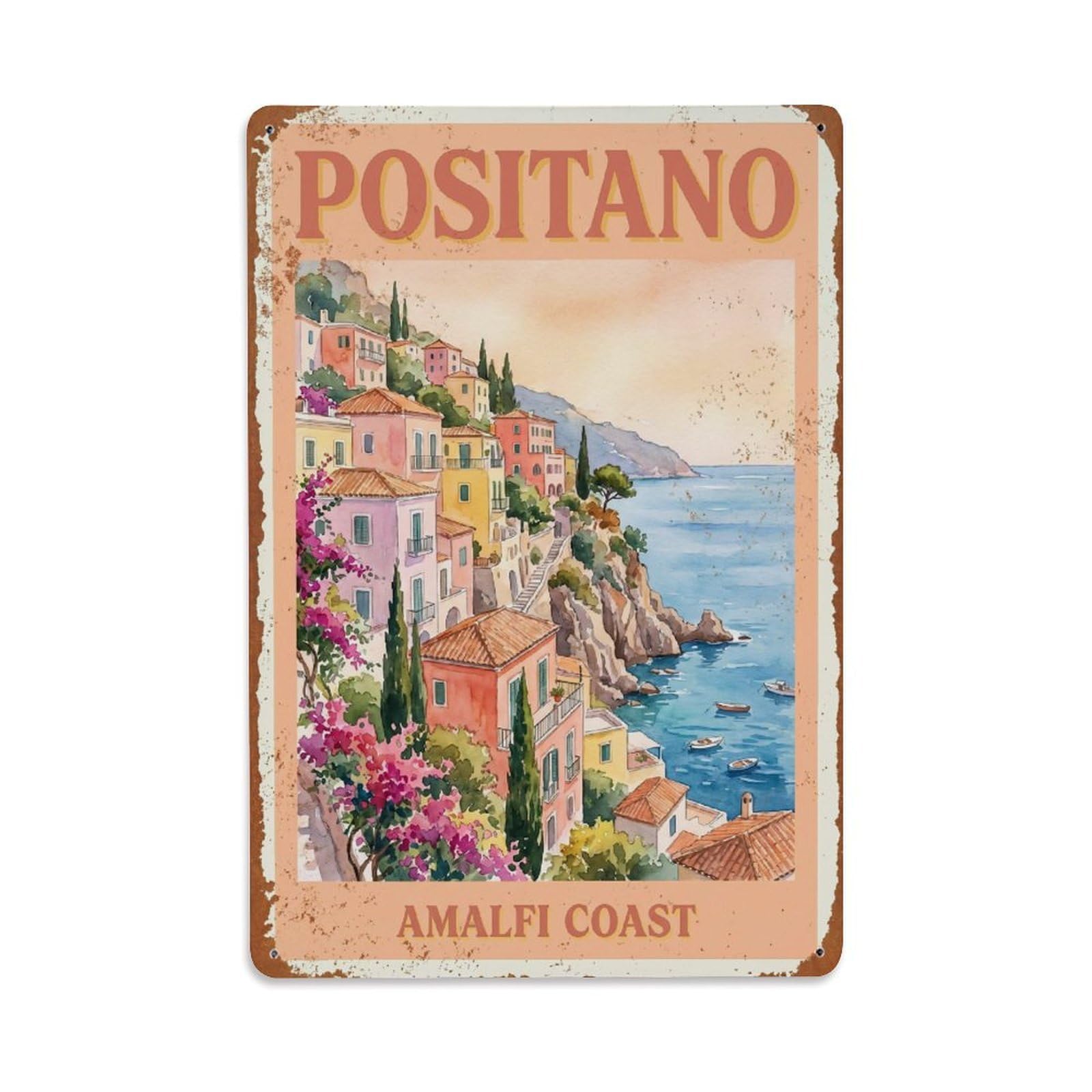 Vintage Travel Positano Italy Pewter Metal Tin Sign Plaque Wall Decor for Cafe, Club Bar, Office, Garden Metal Poster 8x12Inch