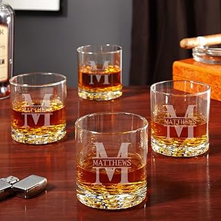 Personalized Whiskey Glasses Set of 4, Custom Engraved Bourbon Rocks Gla...