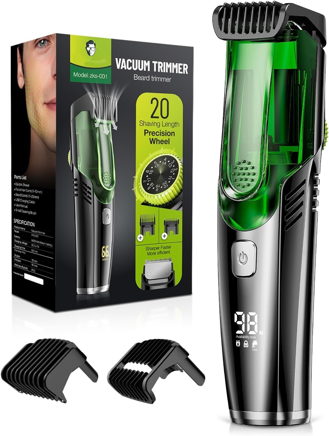 Beard Trimmer for Men: Gift for Father's Day-𝐕𝐚𝐜𝐮𝐮𝐦 Hair 𝐓𝐫𝐢𝐦𝐦𝐞𝐫 for Less Mess-Waterproof Wet Dry- Rechargeable Electric Beard Cutting Kit with Adjustable Length Comb,3 Programmes