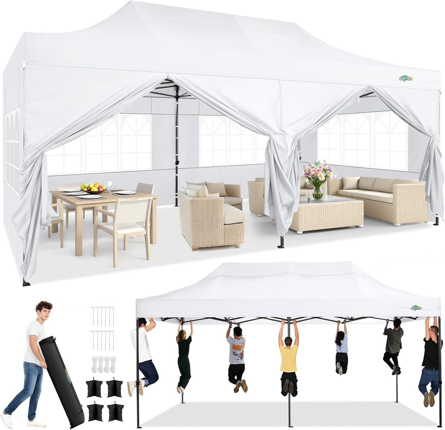 COBIZI 10x20 Pop up Canopy Heavy Duty with 6 Sidewalls, Easy Set-up Commercial Outdoor Party, 100% Waterproof Wedding Canopy Gazebo, 3 Height Adjustable with Wheeled Bag,White White 10x20(with sidewall)