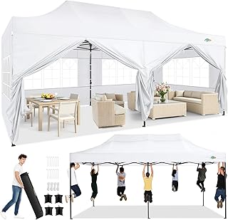 COBIZI 10x20 Heavy Duty Pop Up Canopy Tent with 6 Sidewalls Thicken Frame, Commercial Easy Up Outdoor Wedding Party Tents, All Season Waterproof Windproof with Stakes Sandbags Ropes Roller Bag, White