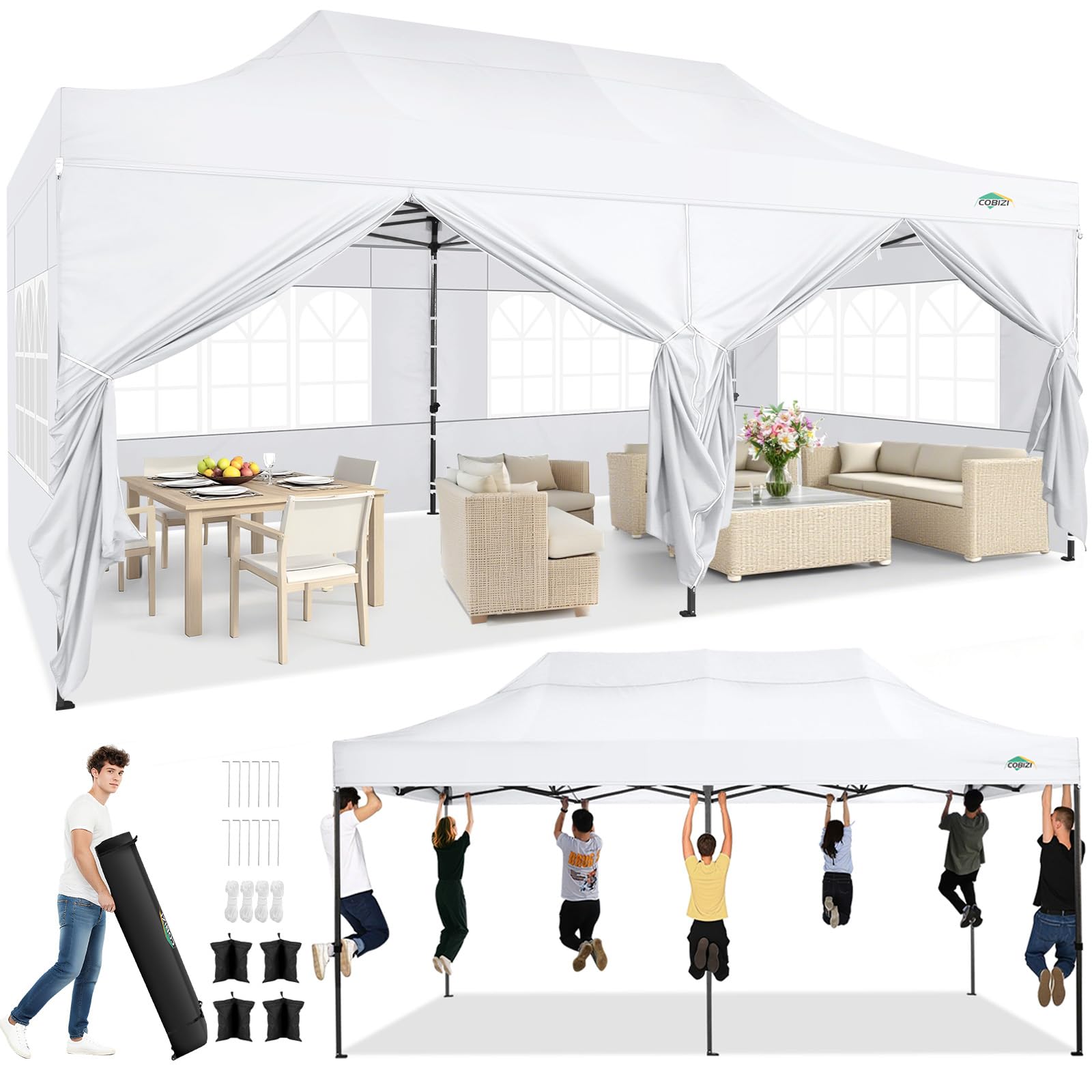 COBIZI 10x20 Pop up Canopy Heavy Duty with 6 Sidewalls, Easy Set-up Commercial Outdoor Party, 100% Waterproof Wedding Canopy Gazebo, 3 Height Adjustable with Wheeled Bag,White