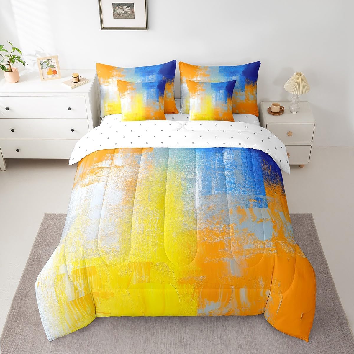 Feelyou Burnt Orange Grey Decorative Comforter Set Queen Size 7 Pieces Vintage Abstract Art Painting Bedding Set for Women Men Bed in a Bag Includes Comforter, Sheet Set, Pillowcases & Pillow Covers