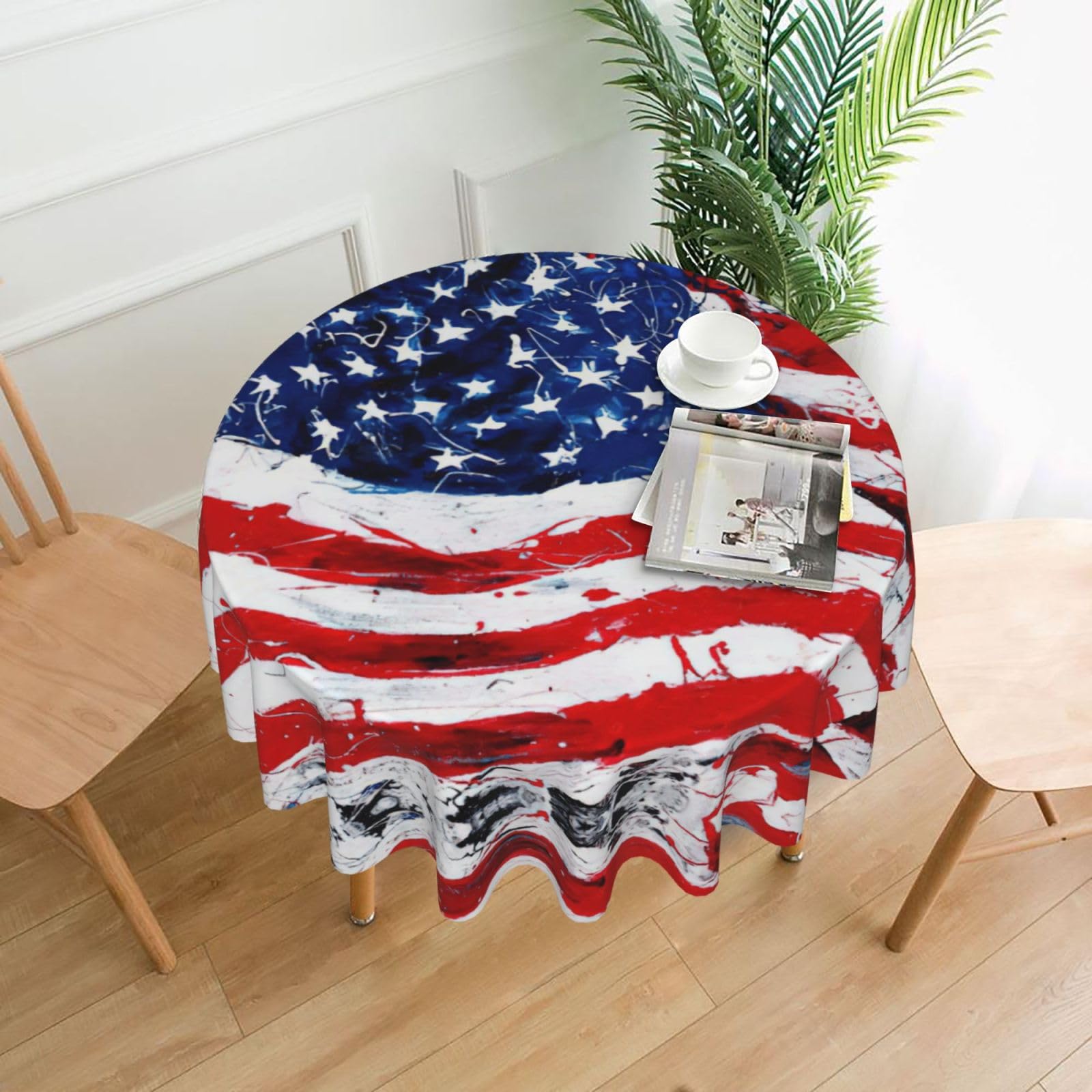 SDEGTHO US Flag Print Modern Retro Round Tablecloth 60in Polyester Fabric Cover for Party Dining Table Washable