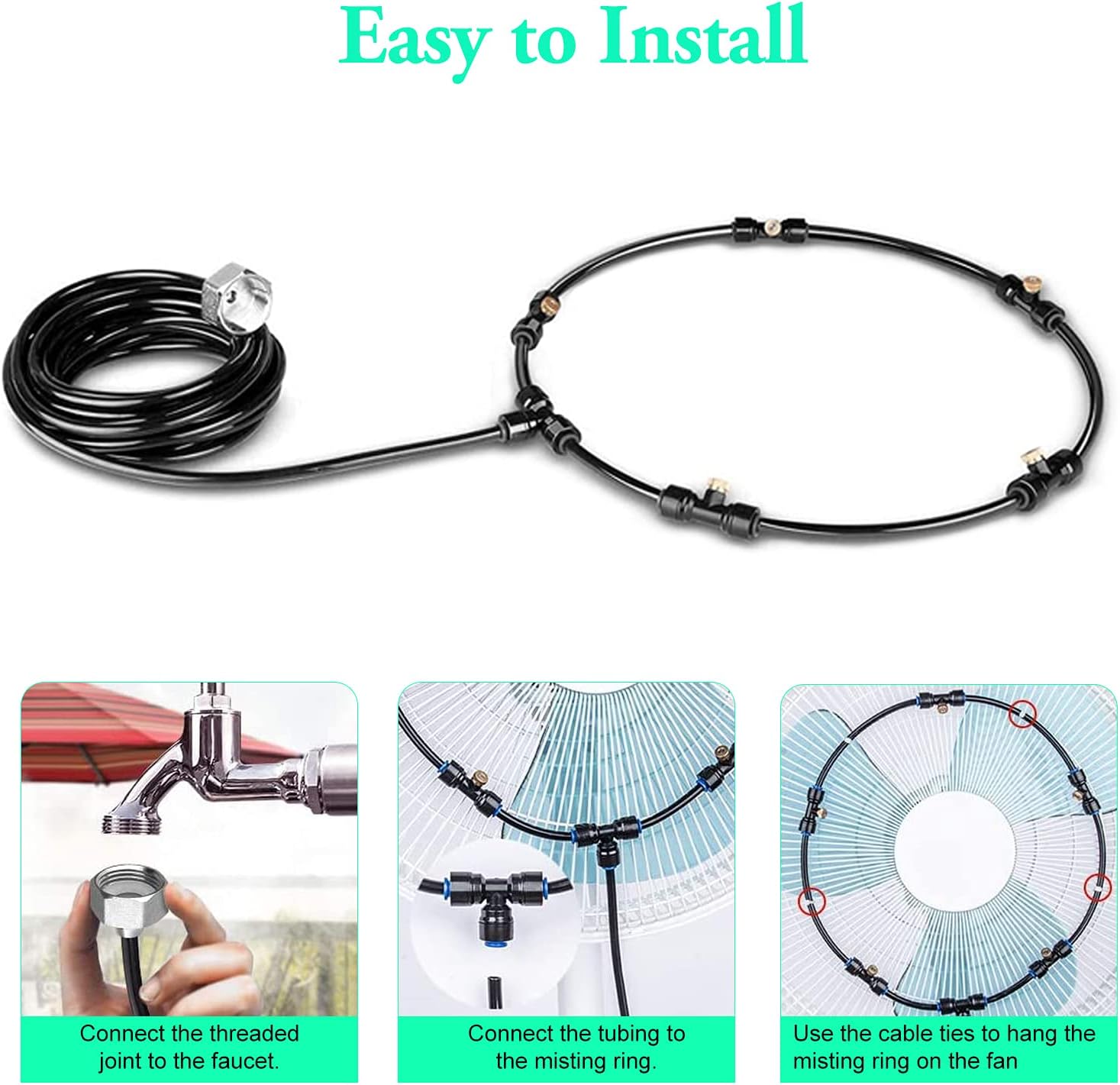 Fan Misting Kit for DIY Cool Patio with 32.8FT(10M) Misting Line & 5 Removable Brass Nozzles Galvanized Solid Brass Adapter Suitable,Connects to Any Outdoor Fan Misters for Cooling Outdoor