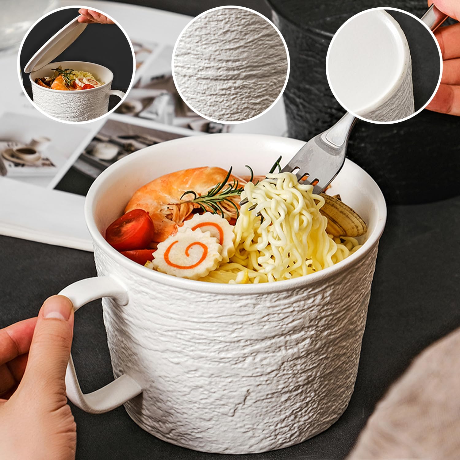 Bol à soupe avec couvercle, 1200 ml, bol à ramen en porcelaine, passe au micro-ondes, pour nouilles instantanées, grande tasse à soupe (noir)