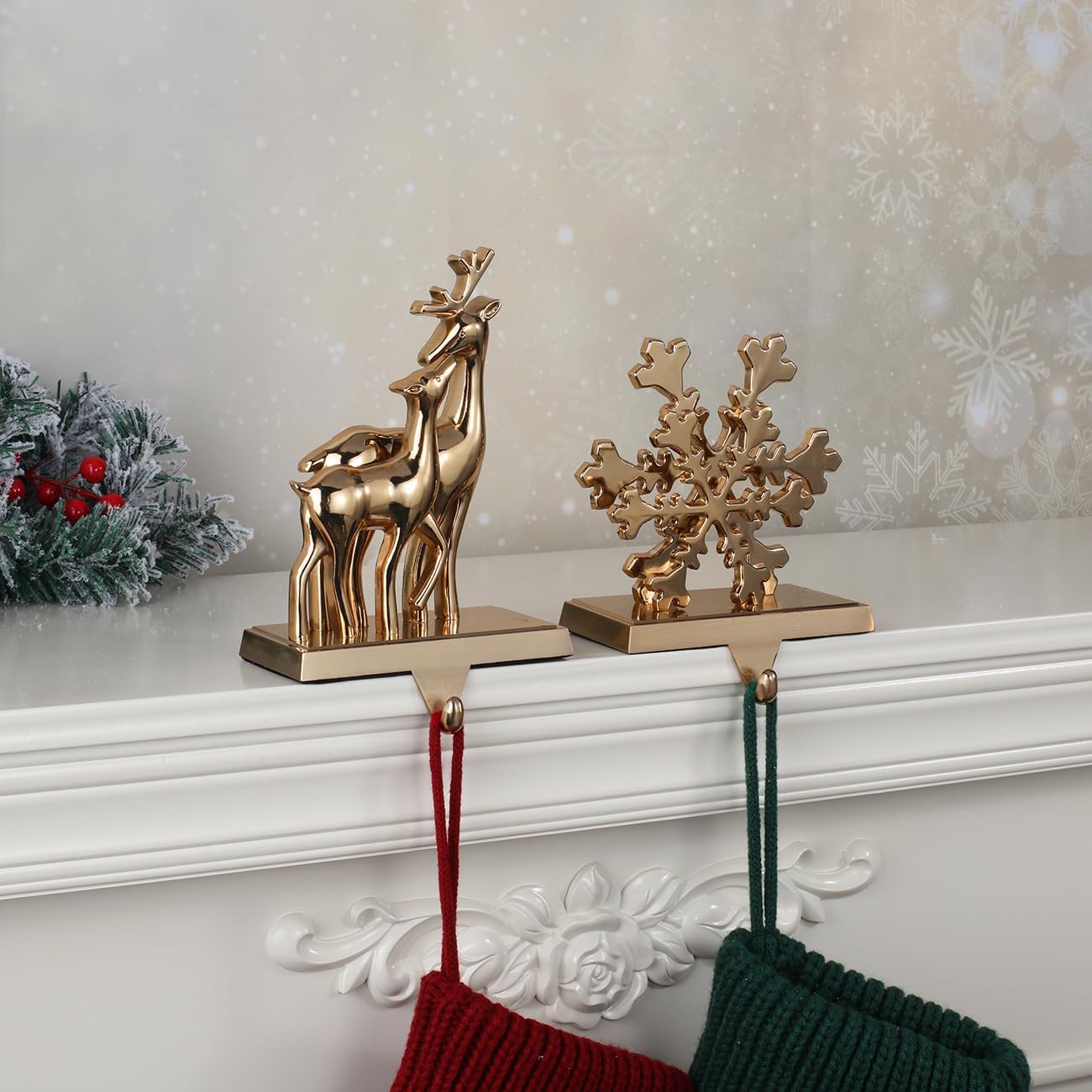 Christmas Stocking Mantle Holders Set of 2 Sign Heavy Weighted Stocking Hooks Fireplace Stocking Hanger for House Holiday Yards Tropical Mantle Holder Décor (Antique Gold,2)