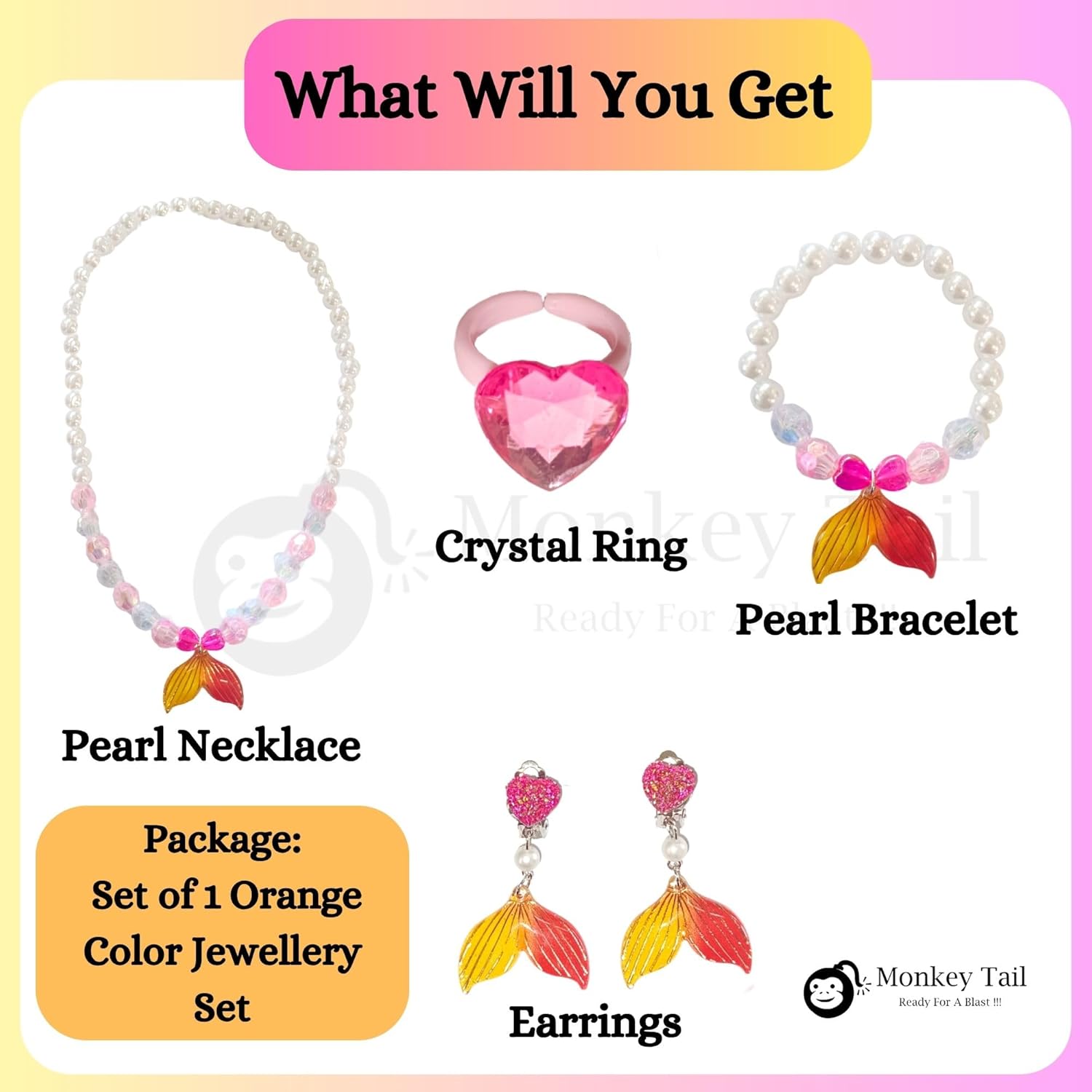 MONKEYTAIL Jewellery Kit for Kids Girls | Set of 1| Princess Jewelry Set with Pearl Beads Necklace, Bracelet, Earrings & Ring | Dress-Up Costume Accessories Gift