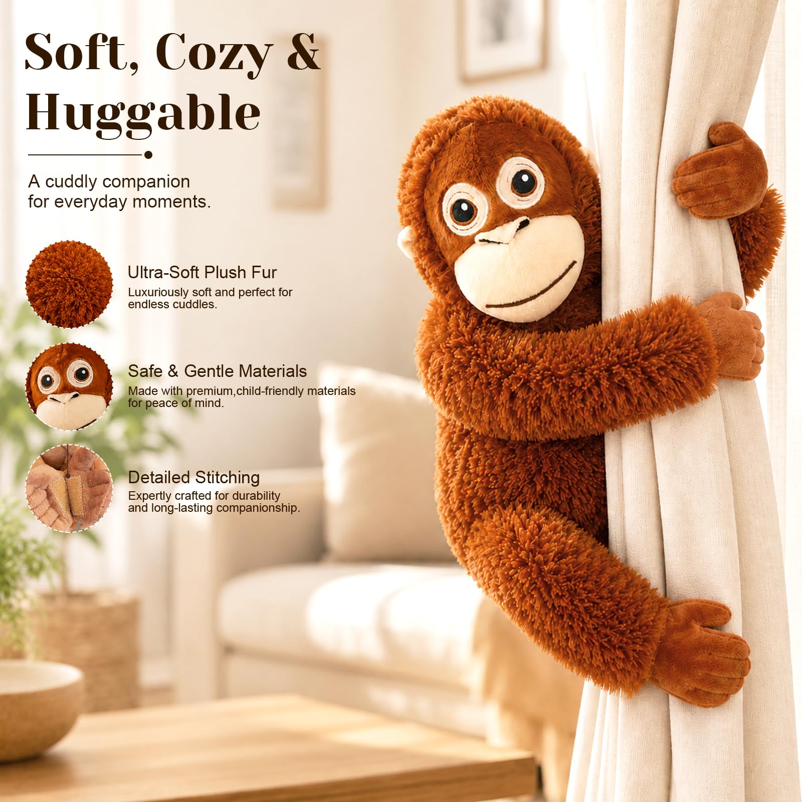 66 cm Punch Affe Plüsch-Affe Stofftier, weicher Orang-Utan-Plüsch mit Klettverschluss Händen und Füßen, umarmbare emotionale Unterstützung, Komfort, Begleiter, Plüschtier, Geschenk für Kinder