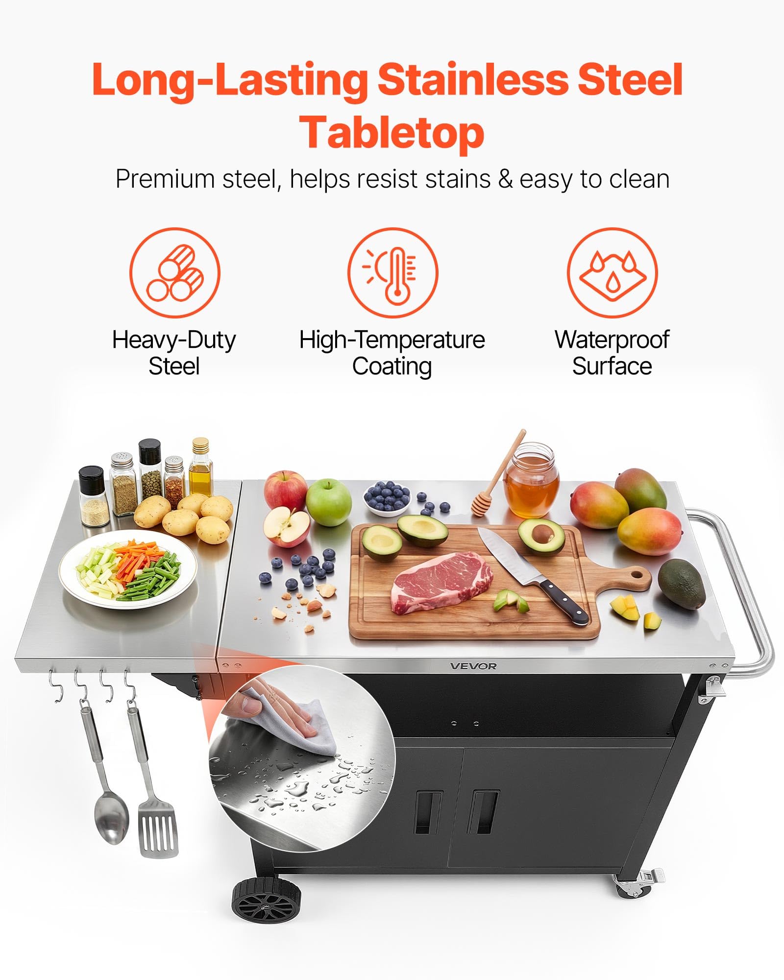 VEVOR Carrello per Barbecue da Esterno, Tavolo Carrello Portaoggetti Ripiano Preparazione Piatti Cibi 124 cm, Mobiletto con Ruote Impermeabile da Giardino Cortile Picnic Campeggio Isola Cucina