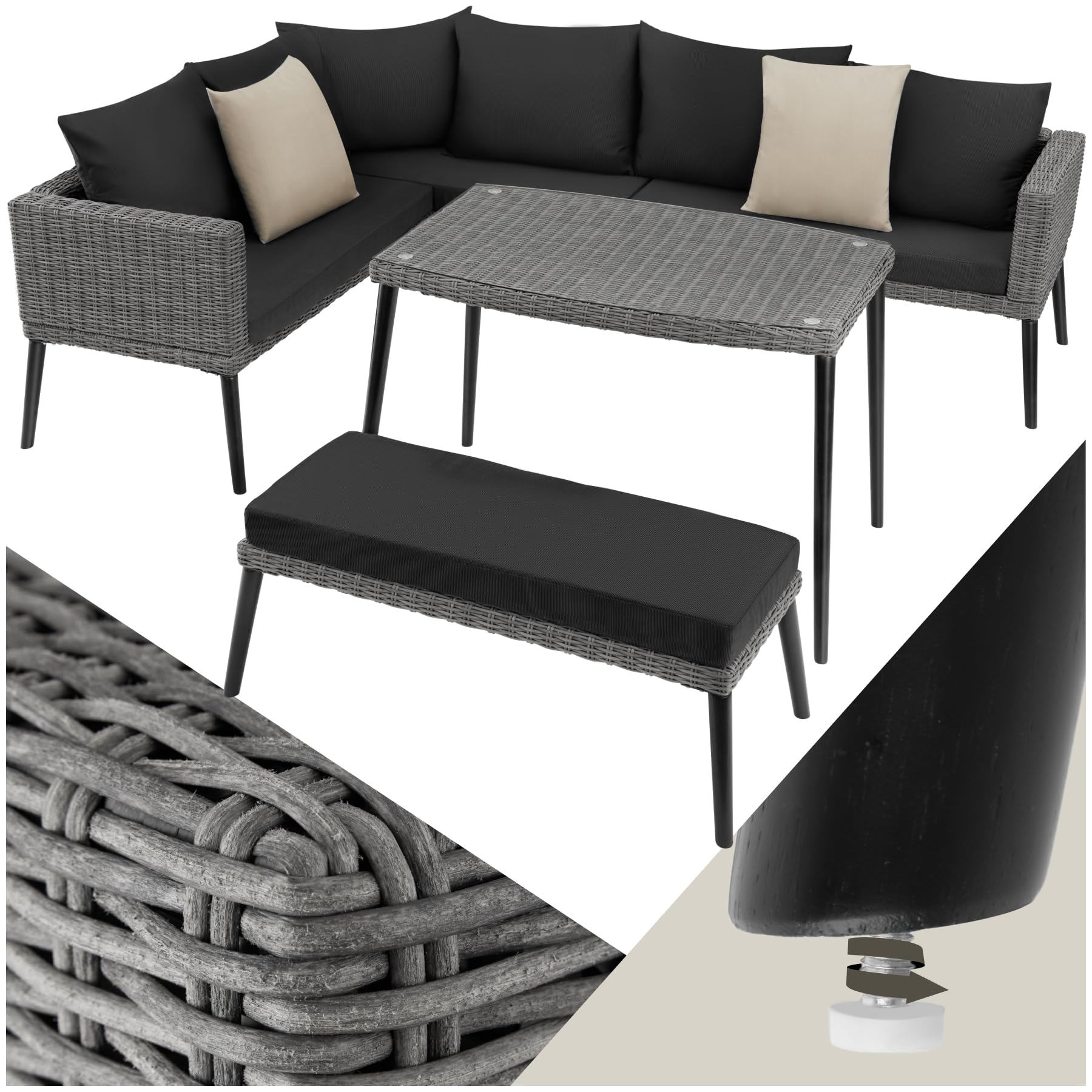 tectake® Salottino in rattan Pula, Telaio in Alluminio, Tavolino Salotto con Lastra in Vetro, Divano Salotto, Elemento Angolare, Imbottitura spessa, Resistente ai Raggi UV - Grigio