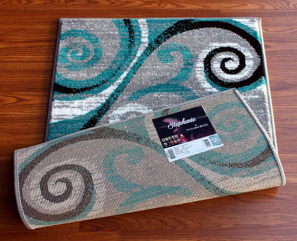 Masada Rugs, Stephanie Collection Area Rug Modern Contemporary Design 1100 Turquoise Grey White Black (2 Feet X 3 Feet) Mat