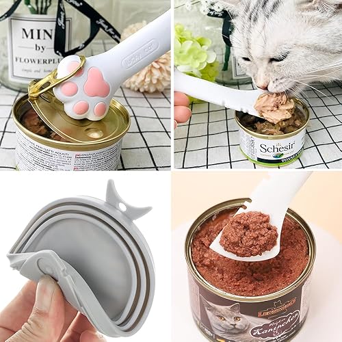 Miniatura 7 de mwellewm Juego de 6 suministros para latas de comida para mascotas, 2 tapas universales de silicona para latas de gatos, 2 mini espátulas