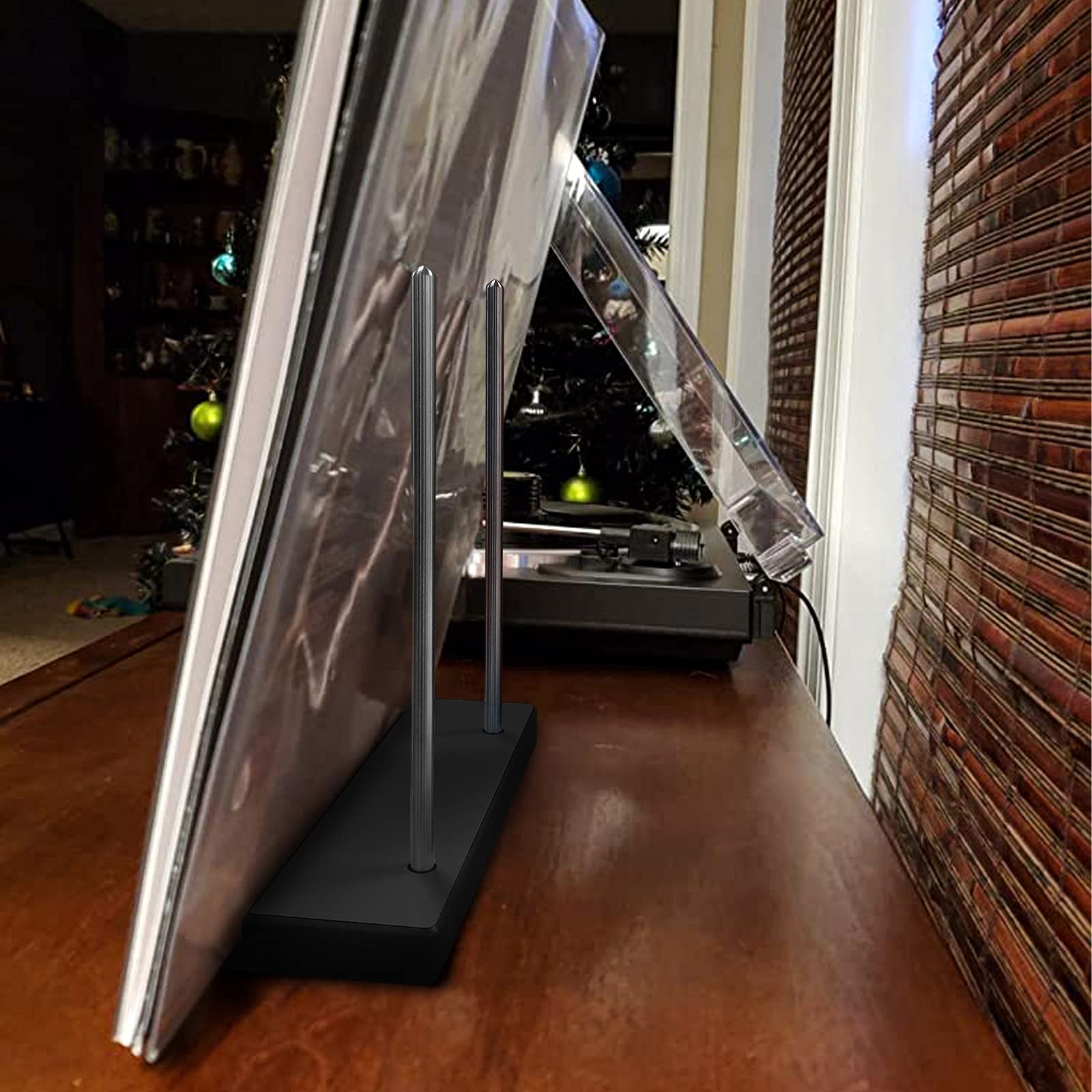 KAZAKA Exhibición de grabación de mesa – Ahora jugando vinilo Record Stand – Moderno y atractivo – Compacto y de acero inoxidable – sostiene 2 puertas gruesas de LP's de forma segura (negro)