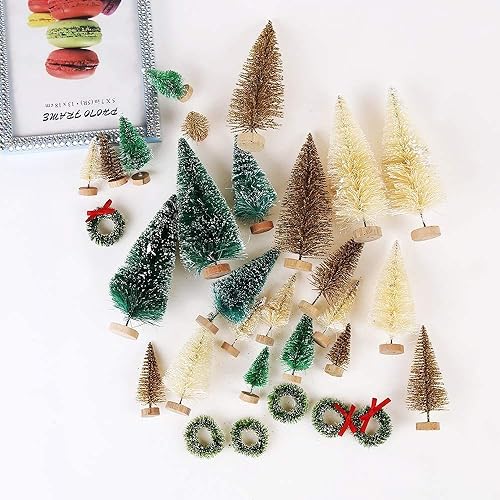 Miniatura 3 de Kubert 24 piezas de mini árboles artificiales de sisal de nieve con base de madera, cepillo para botella, árboles de plástico para invierno, adornos