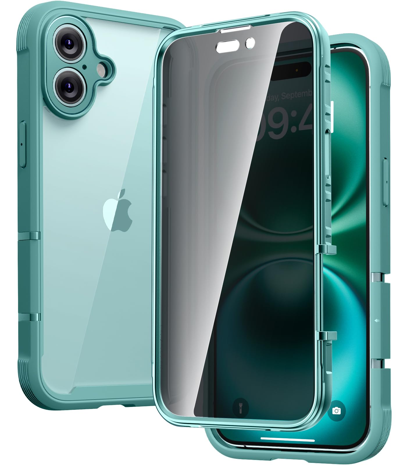 Diaclara Designed for iPhone 16 Case 6.1 Inch,Upgraded [Full Camera Protection] Full Body Rugged Clear Bumper Case with Built-in Privacy Screen Protector for iPhone 16,Green
