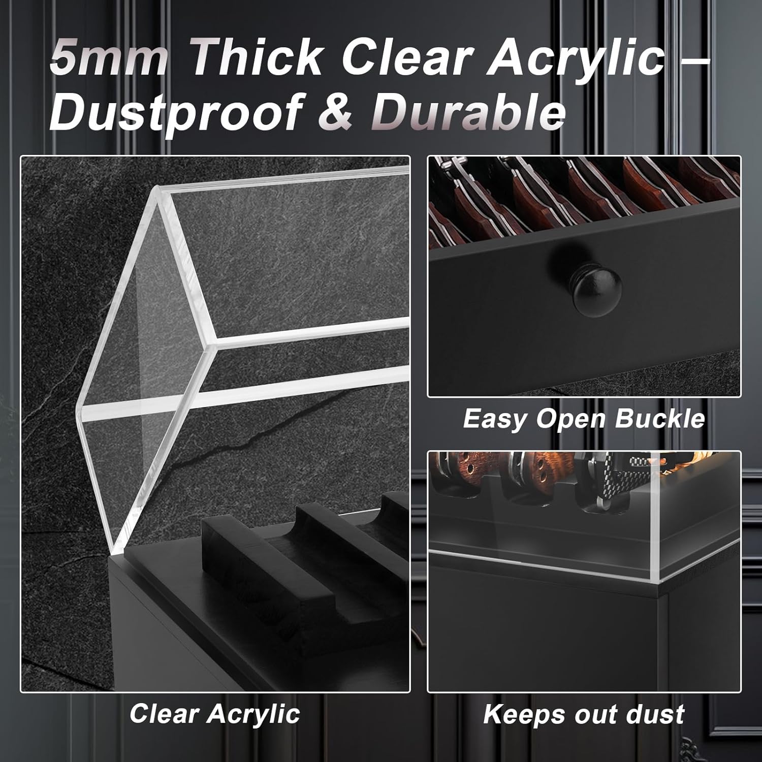 Wooden Knife Display Case with Drawer, 15-Slot Pocket Knife Collection Box with Thick Clear Acrylic Cover, Solid Wood Base, 2-Tier Storage Case for Folding Knives & EDC Items, Gift Box Included -Black