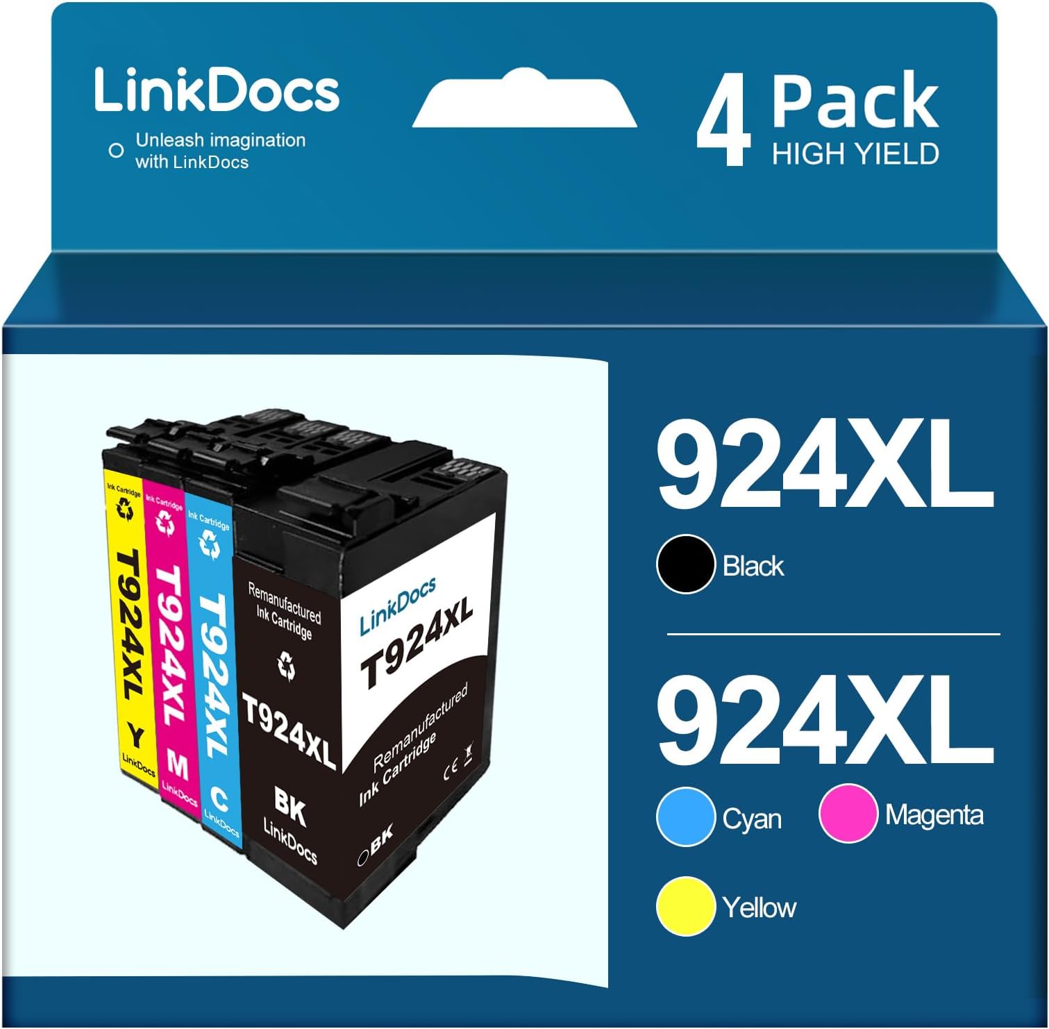 LinkDocs Remanufactured T924xl Ink Cartridge with Latest Chips Replacement for Epson T924XL Work for Epson Workforce Pro WF-C4810 Color MFP WF-C4310(Black Cyan Magenta Yellow)