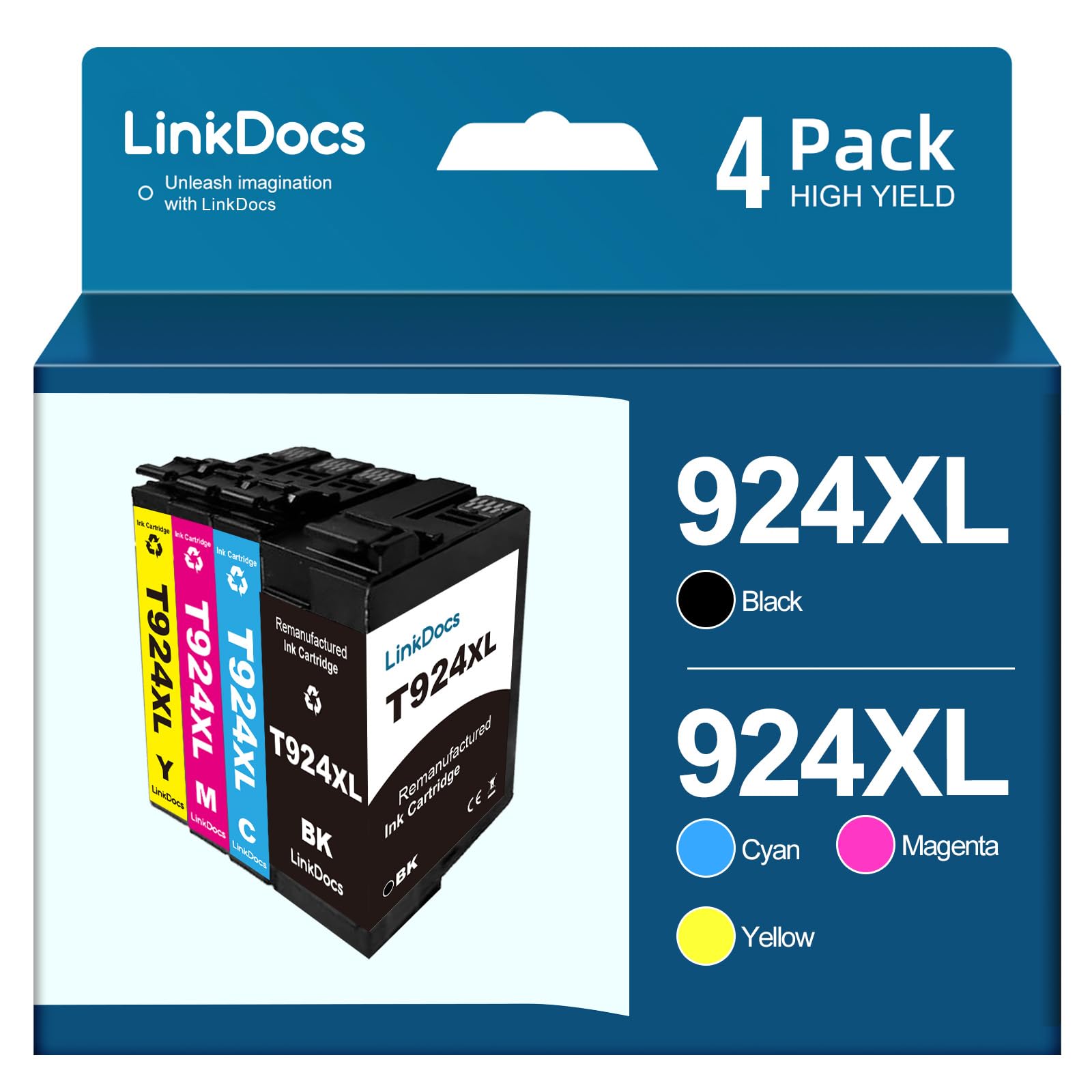 LinkDocs Remanufactured T924xl Ink Cartridge with Latest Chips Replacement for Epson T924XL Work for Epson Workforce Pro WF-C4810 Color MFP WF-C4310(Black Cyan Magenta Yellow)