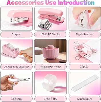 10pcs Office Clerks Staff Desk Accessories, Pink Office Supplies Set for Women, Desk Organizer with Stapler, Staple Remover, Tape Dispenser, Tape, 360 Pen Holder, Scissor, Ruler, Ballpoint Pen, Clips