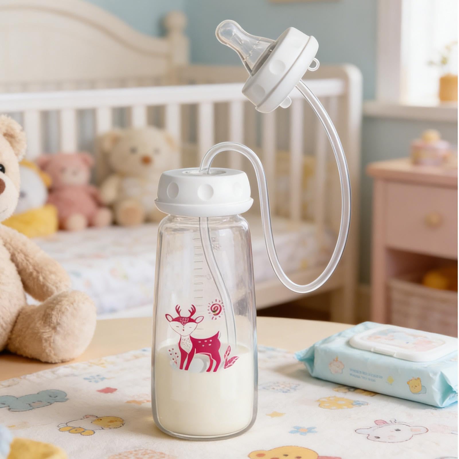3-in 1 Hands-Free Anti-Colic Bottle | 240ml Silicone Leakproof with Nipple Straw | Adjustable Fast Flow Milk Bottle | Wide Opening Easy Clean Build Anti Spill Design, for Kids 3 Months and Older