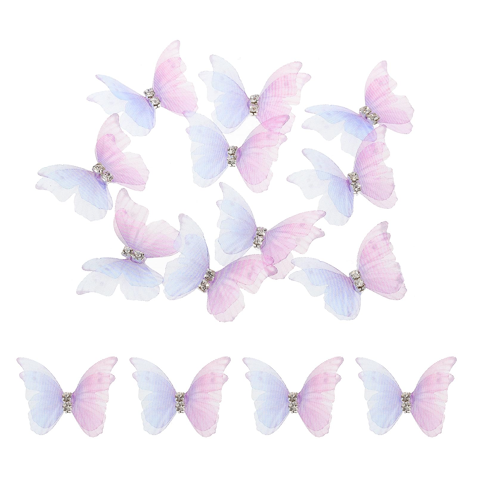 sourcing map 30Pcs Sheer Mesh Butterfly Appliques, 30mm Two Layers Butterflies with Gem Applique Patch DIY 3D Craft Ornament for Wedding Party Home Decor Clothes, Purple