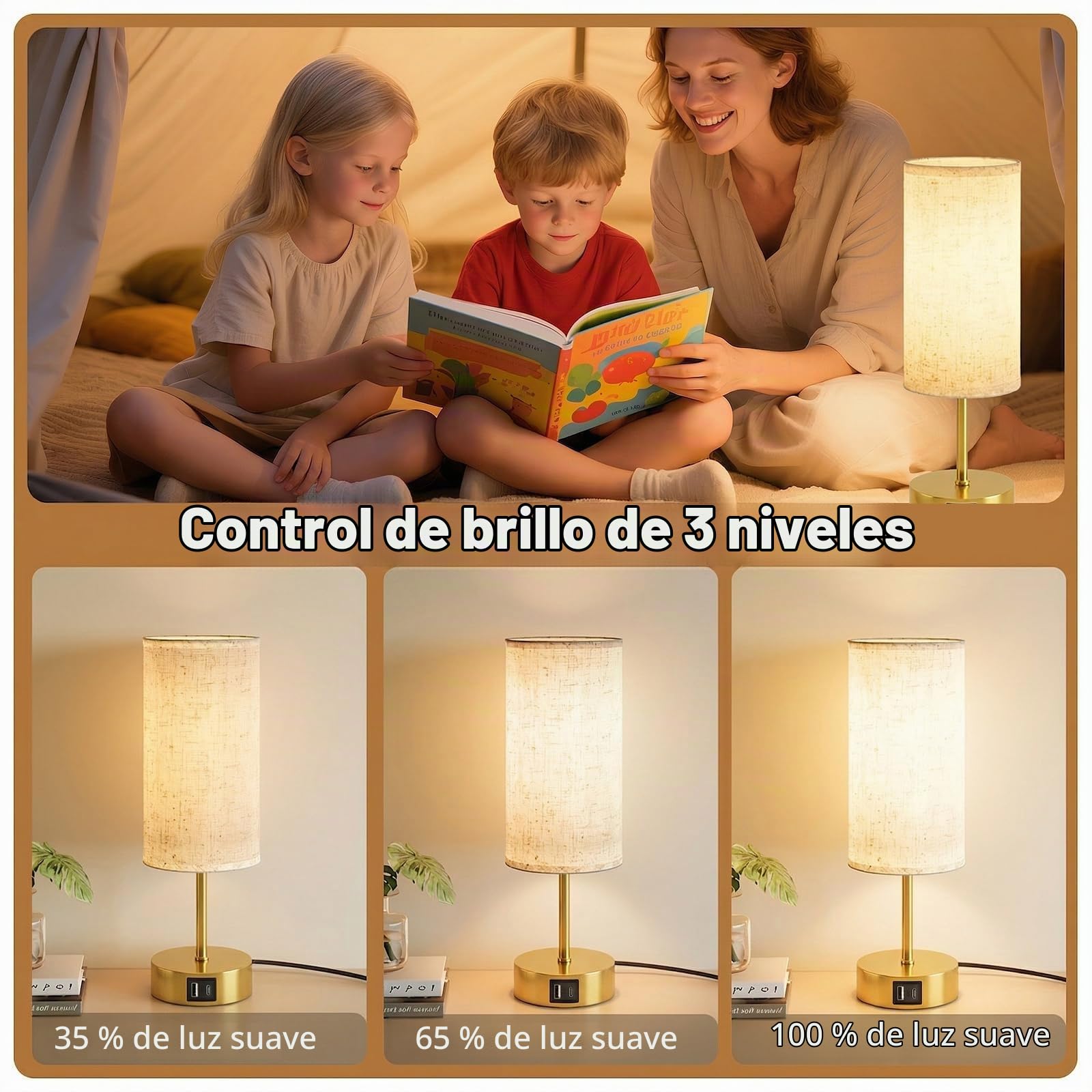 2 Unidades Lámparas de Mesita de Noche Control Táctil, con Carga | Lámpara de Mesa con Puertos USB-A y USB-C, Regulable en 3 Niveles, Pantalla de Lino, Cable de 1,5 m, E27 Incluida, Dorado