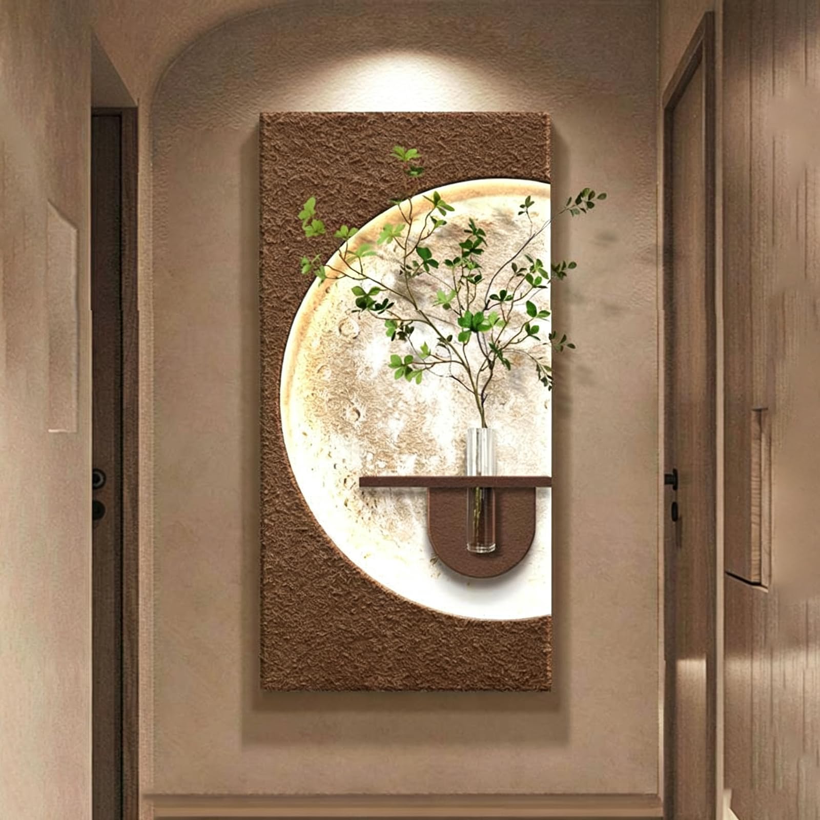 Sandstone LED Wall Art Decor with Built-in Vase Shelf - Moon Wall Decor with Ambient Light, Textured Wall Hanging for Living Room Bedroom Hallway, Entryway, Home Deco Style-C 23.6×47.2 in（60×120 cm ）
