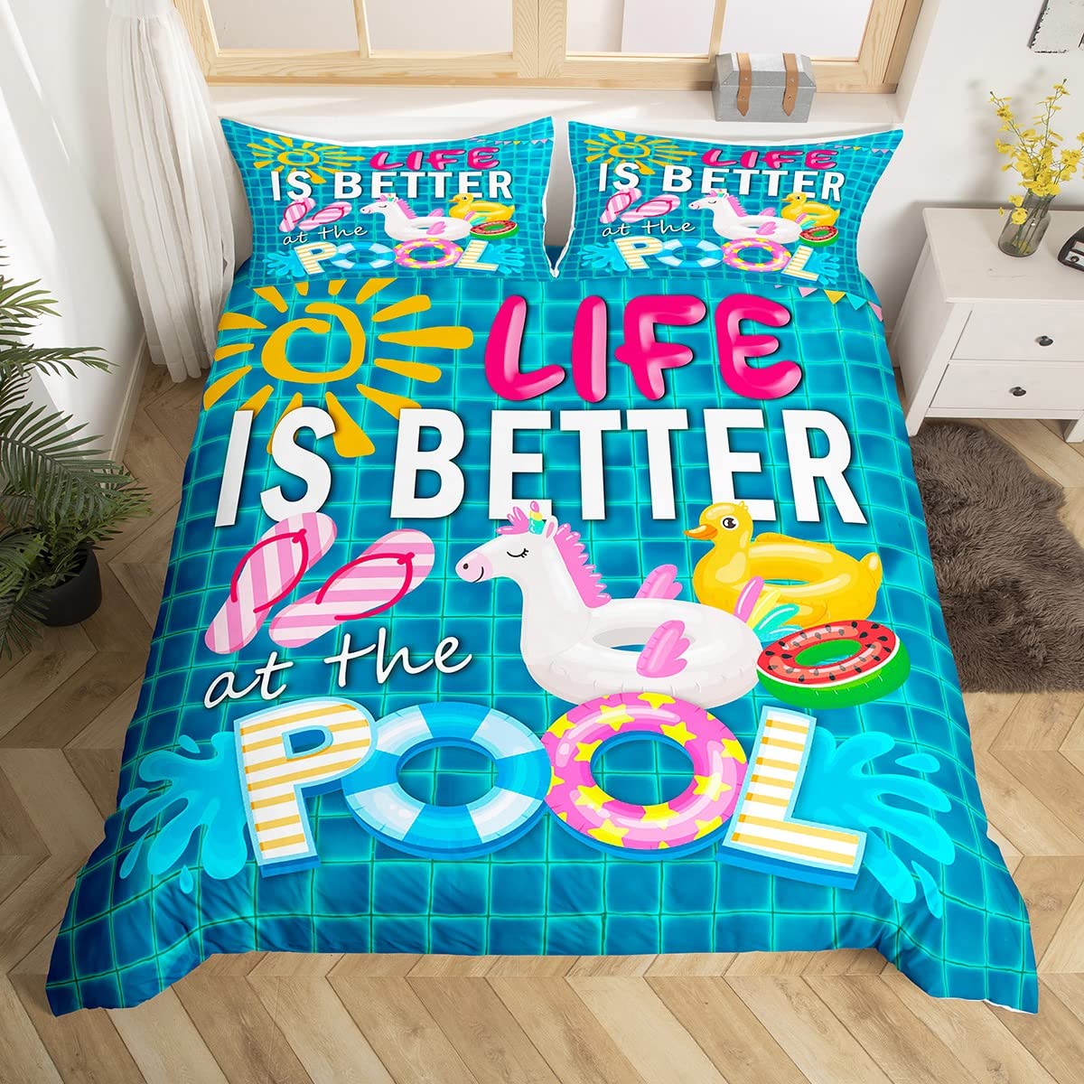 feelingyou Summer Cool Bedding Set,Swimming Pool Comforter Cover Set for Teens Women Room Decor,Beach Vacation Duvet Cover Breathable Flip-flops Bedspread Cover Double Size