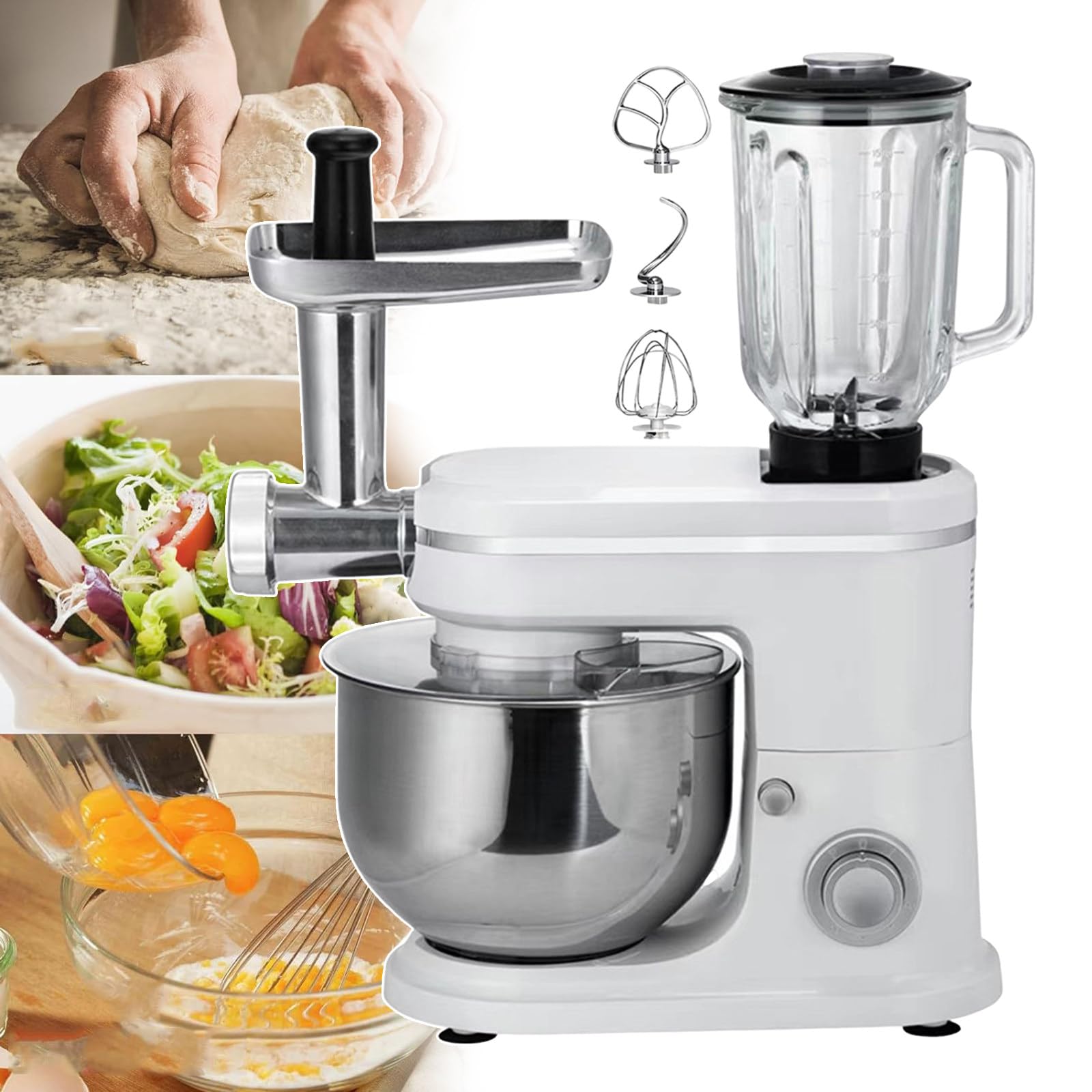 Máquina de cocina multifuncional con licuadora de 6 litros, picadora de carne y batidora de pie de 1500 W para pasta, zumos y repostería.