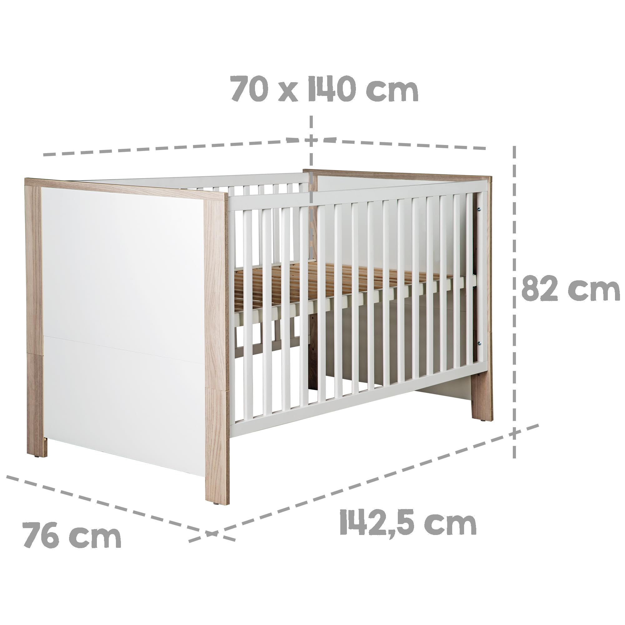 roba Chambre Bébé Complète Olaf - Lit Évolutif 70 x 140 cm + Commode à Langer + Armoire à 3 Portes - Blanc / Décor Bois