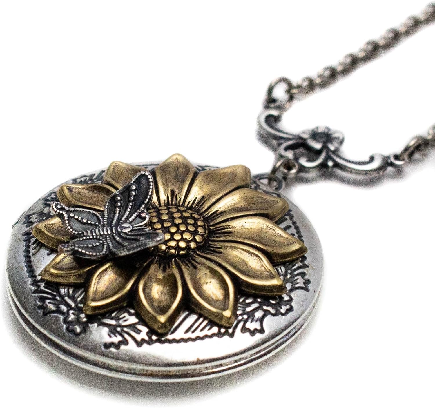 Sunflower and Butterfly Locket Necklace 1.25 inch with choice of chain length