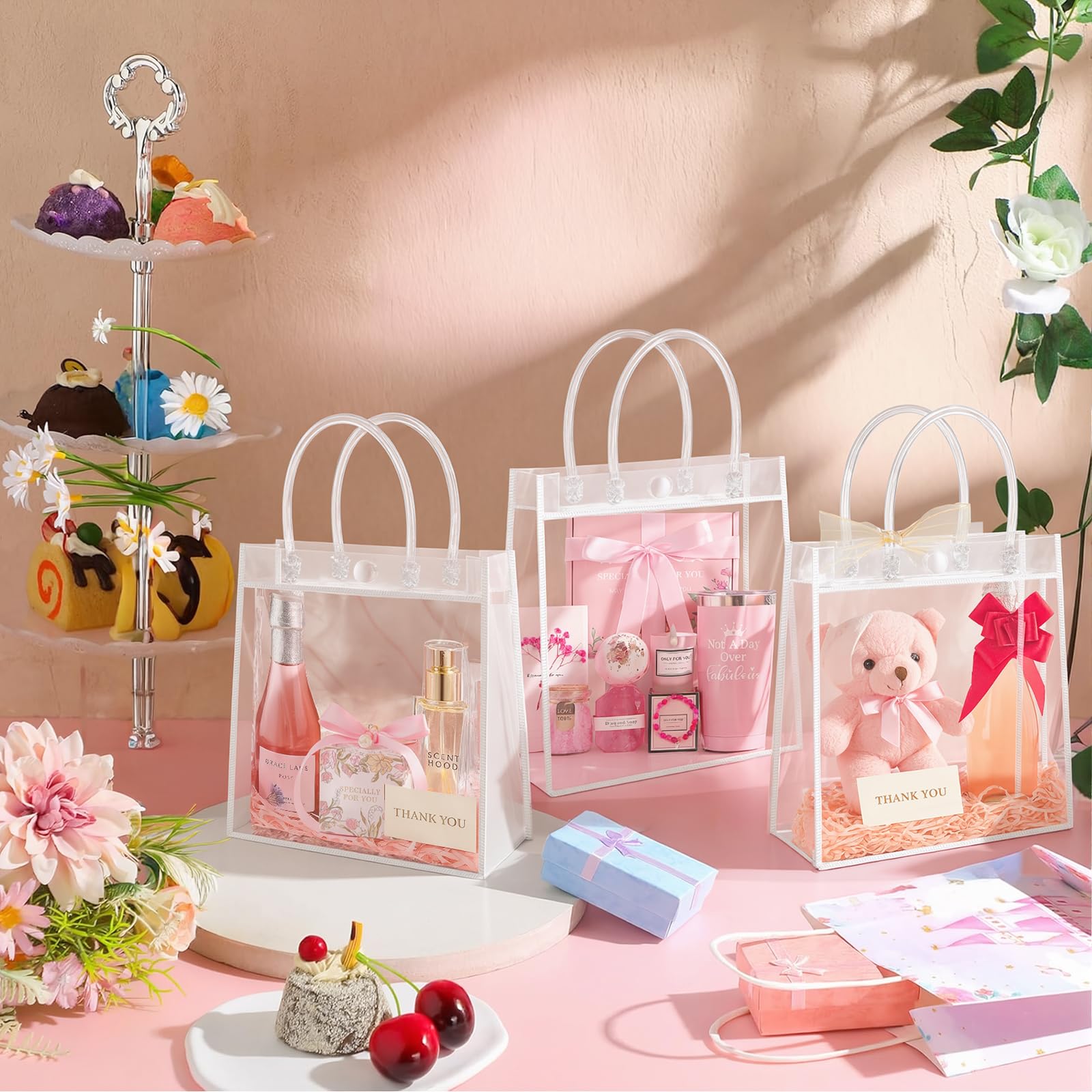 Okxiri 15 PCS Clear PVC Gift Bags with Handles,Small Reusable Plastic Party Favor Bags, Transparent Goodie Bags for Wedding,Baby Shower, Birthday (6.1" x 6.1" x 2.7")