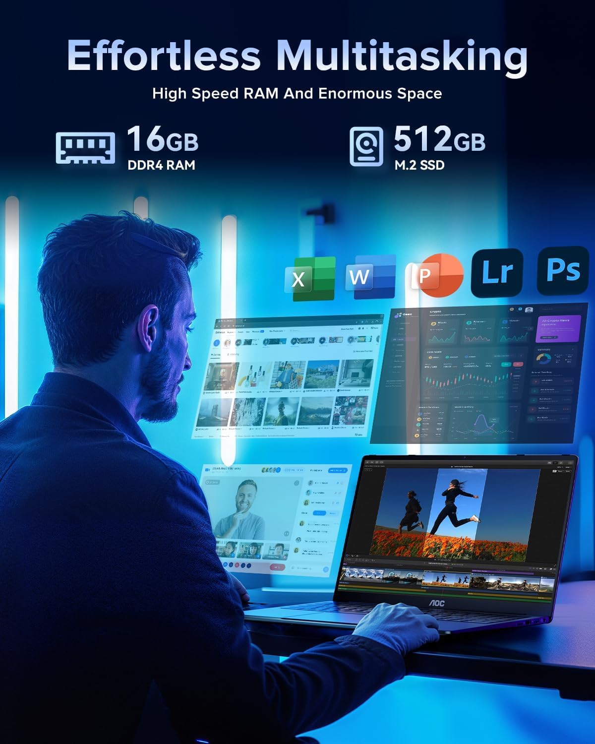 AOC Laptop Computer 15,6 Zoll FHD Bildschirm Laptop mit N95 Prozessor (bis zu 3,4 GHz) 16 GB RAM 512 GB SSD Gaming Laptops Windows 11 Laptop Computer, leicht und dünn, Metallgehäuse, Webcam, Typ-C