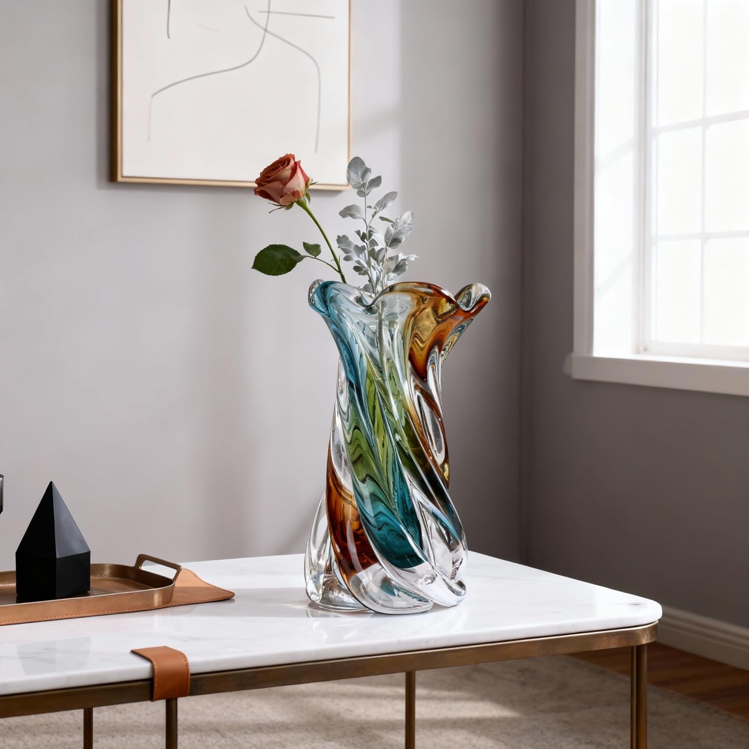 Hand Blown Glass Vase, Gradient Wide Mouth Vase, Unique Glass Art Decorative Vase for Living Room Coffee Table, Dining Table Centerpiece, Office, Bookshelf, TV Stand, and Entryway Console Decor.