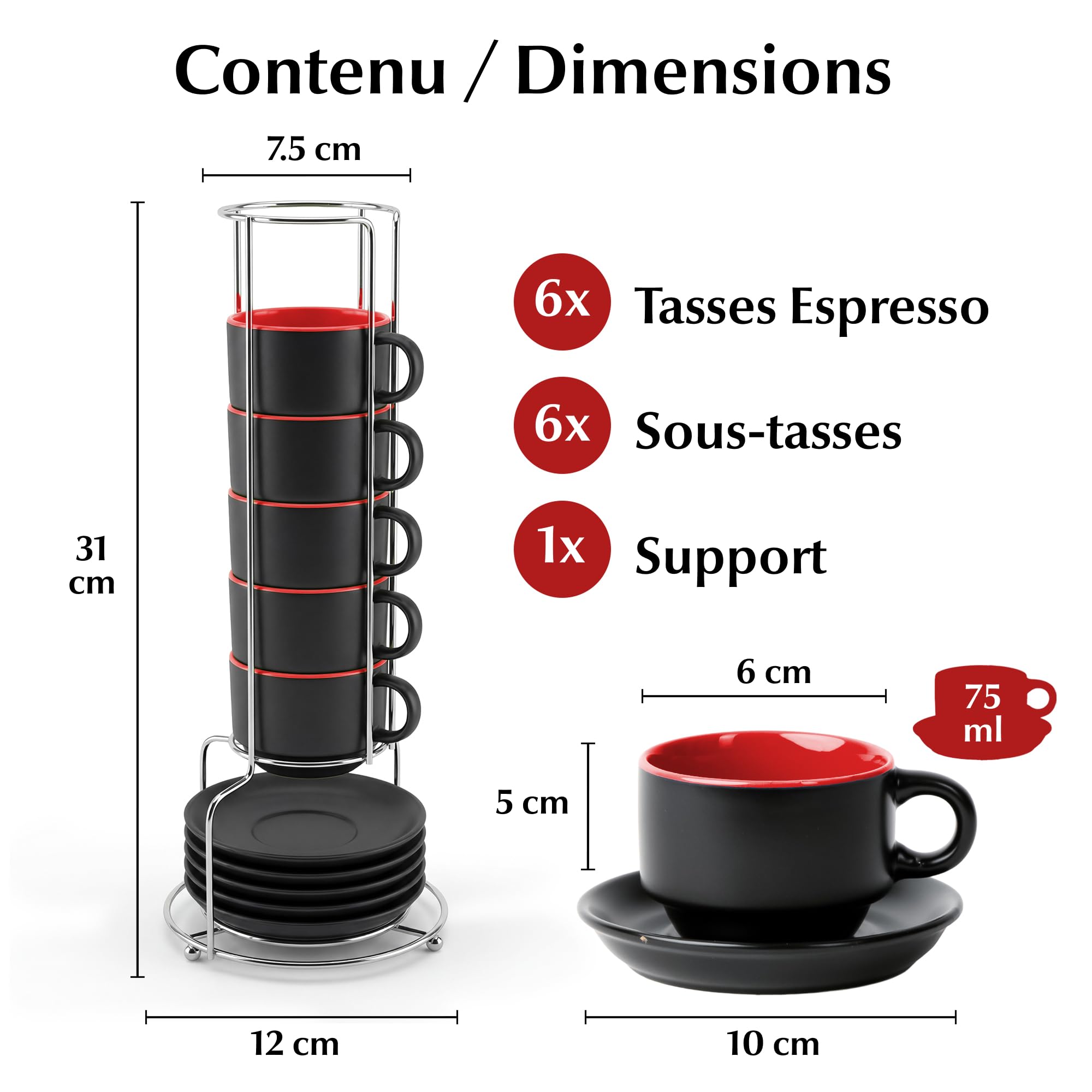 MIAMIO - 6 x 75 ml Ensemble tasses à expresso en grès tasse expresso en céramique tasse a cafe expresso - Le Papillon Collection (Rouge)